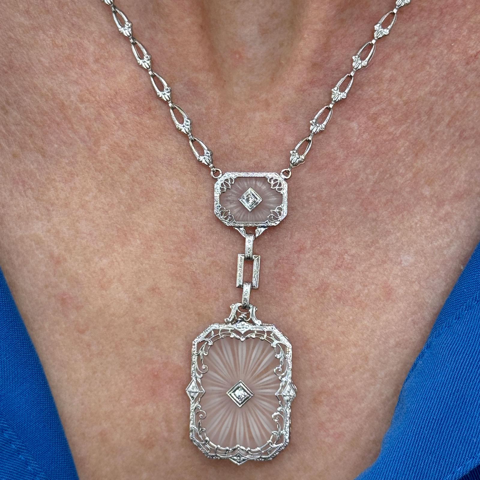 Late Art Deco Carved Rock Crystal & Diamond Pendant 14KWG Link Necklace