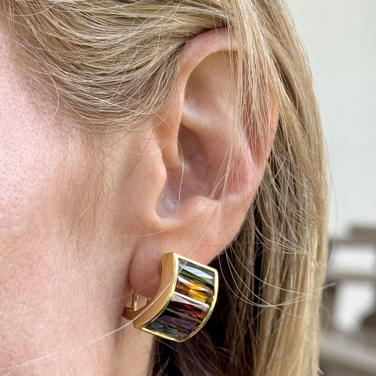 H Stern Rainbow Multi-Color Gemstone 18KYG Leverback Vintage Earrings 1980's