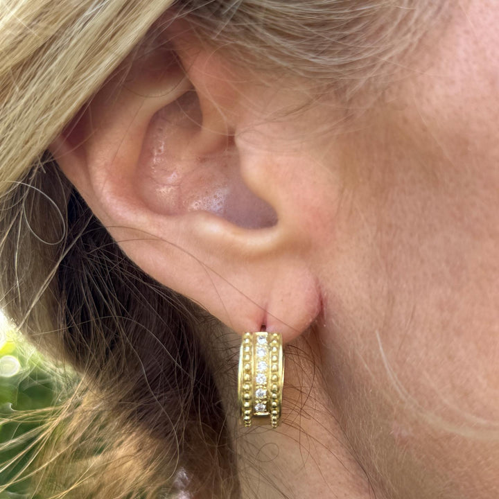 Diamond 18 Karat Brushed Polish Yellow Gold Huggie Hoop Earrings