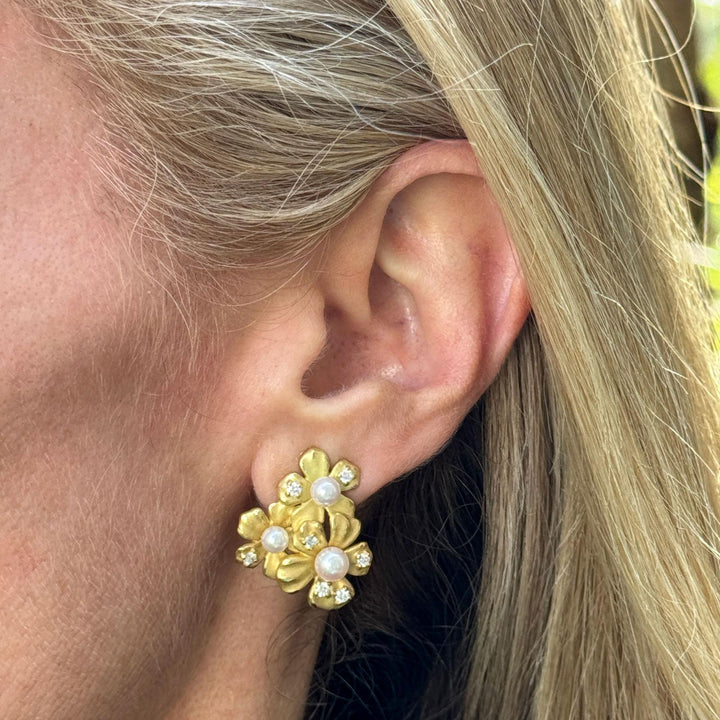 Mikimoto Diamond Pearl 18 Karat Yellow Gold Floral Leverback Earrings
