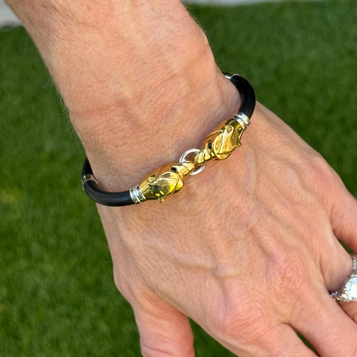 18 Karat Yellow & White Gold Double Head Panther Black Rubber Cord Bracelet