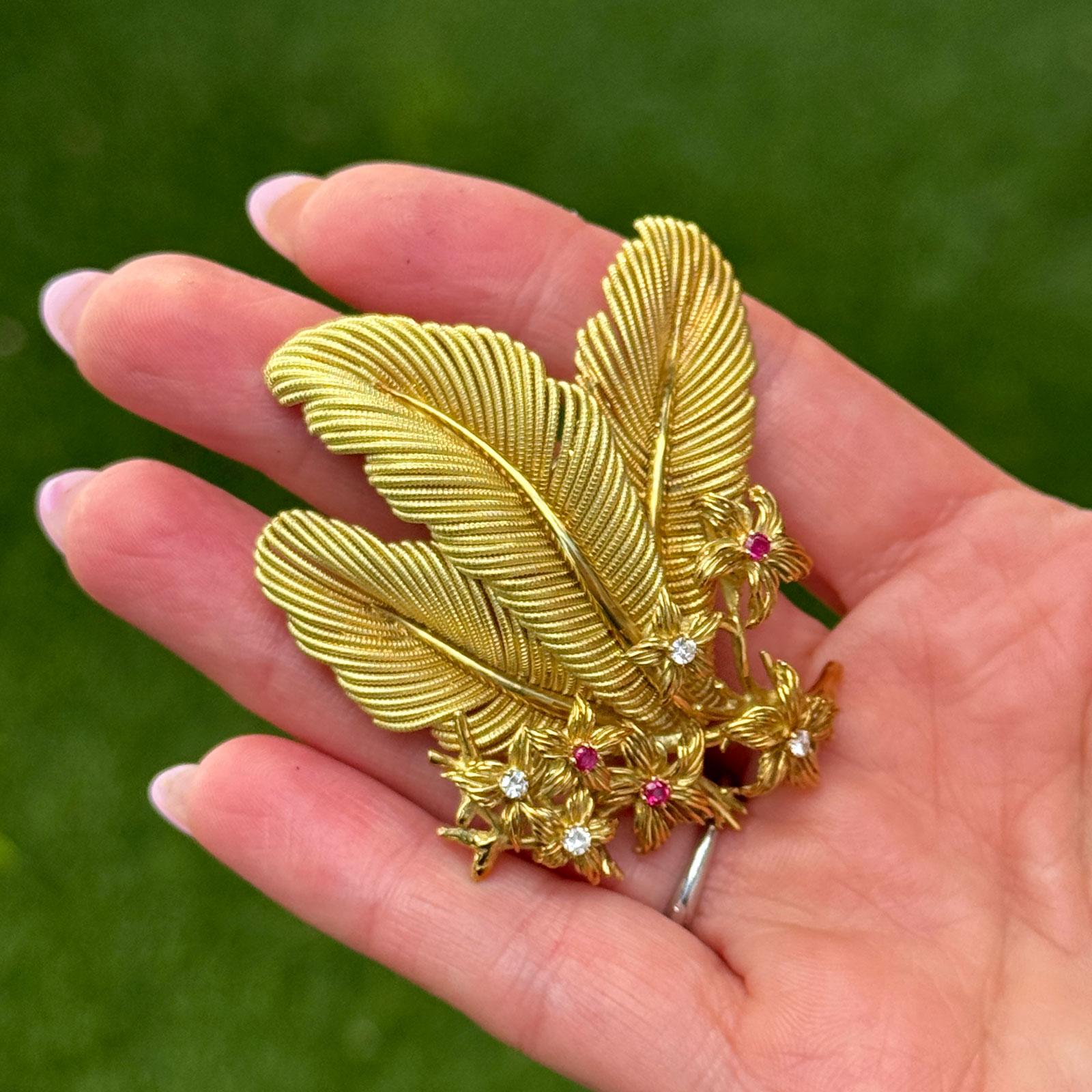 1970's Tiffany & Company Diamond Ruby Flower 18K Yellow Gold Vintage Brooch Pin