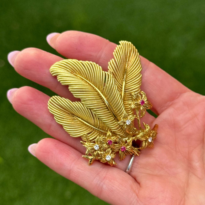 1970's Tiffany & Company Diamond Ruby Flower 18K Yellow Gold Vintage Brooch Pin
