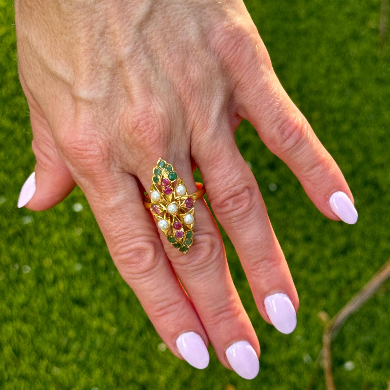 22 Karat Pearl Emerald Ruby Navette Style Vintage Ring
