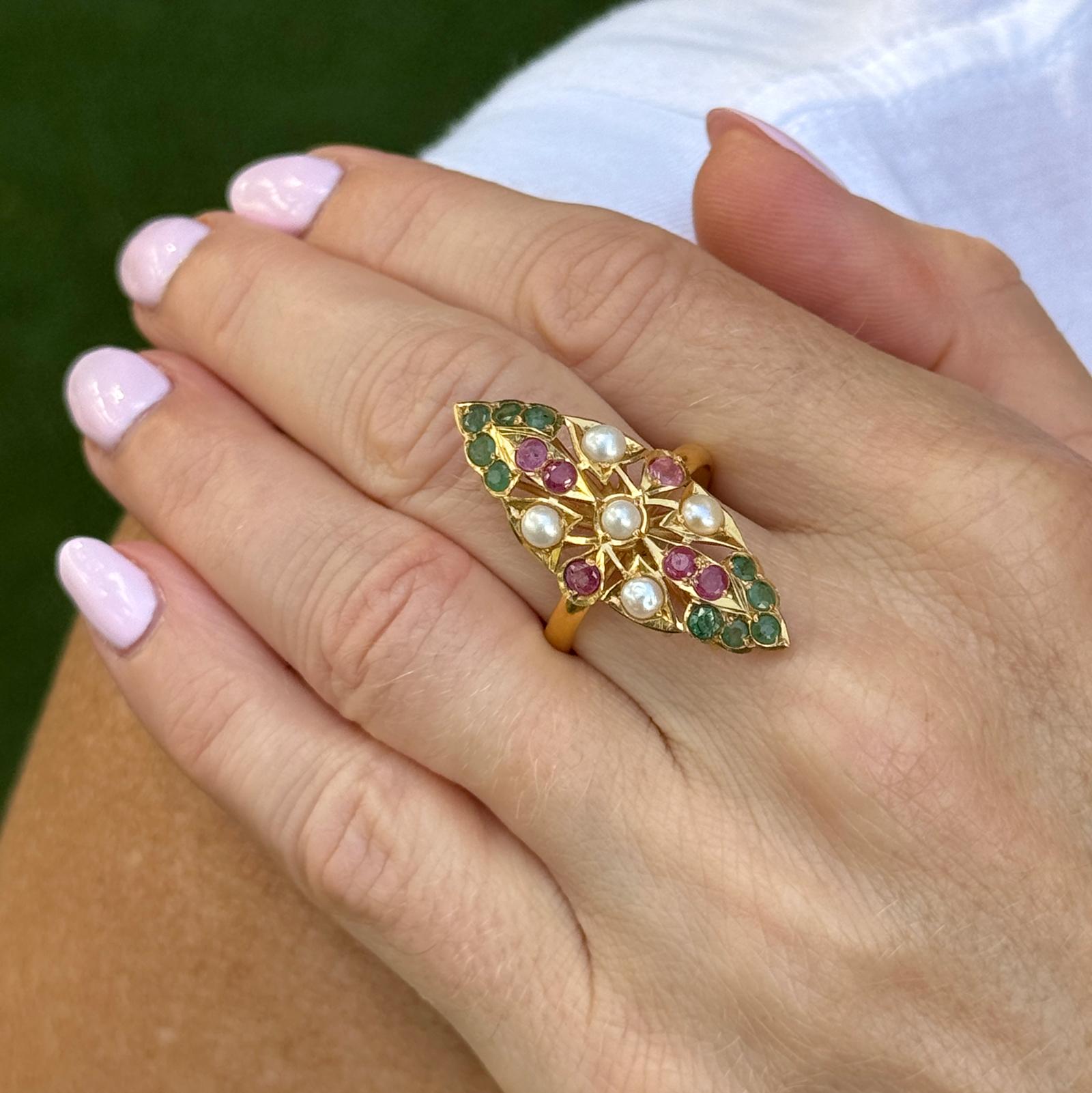 22 Karat Pearl Emerald Ruby Navette Style Vintage Ring
