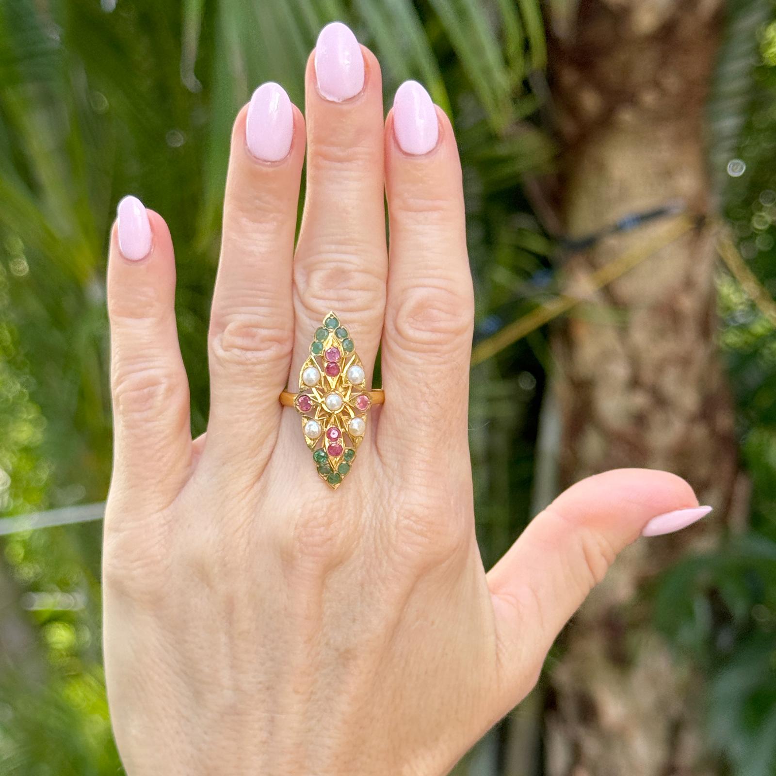 22 Karat Pearl Emerald Ruby Navette Style Vintage Ring