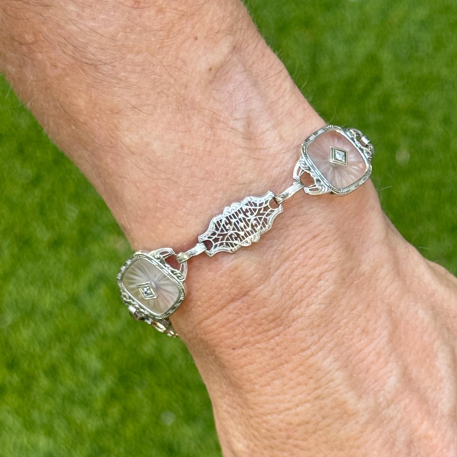 Mid-20th Century Carved Rock Crystal Diamond Platinum Link Bracelet