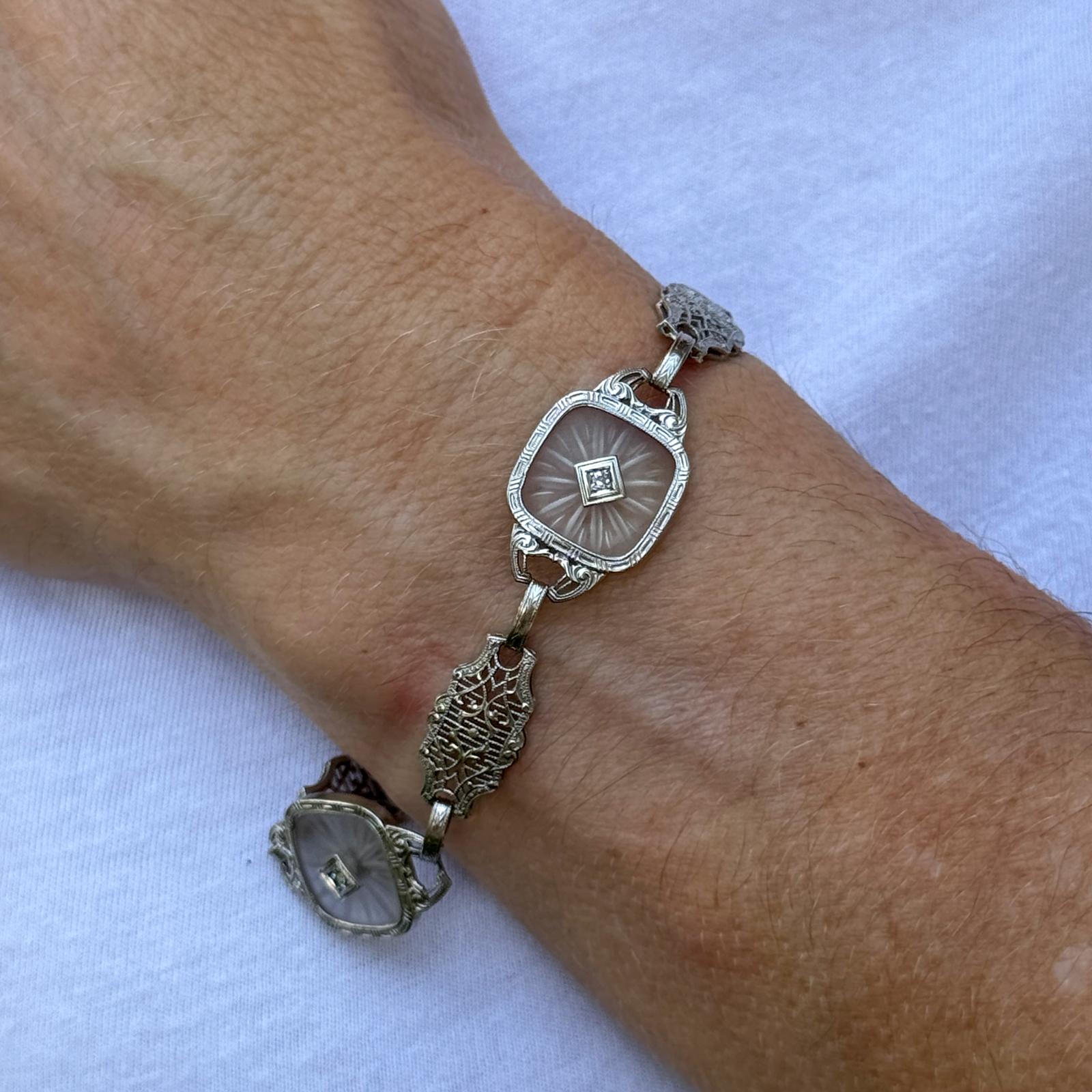 Mid-20th Century Carved Rock Crystal Diamond Platinum Link Bracelet