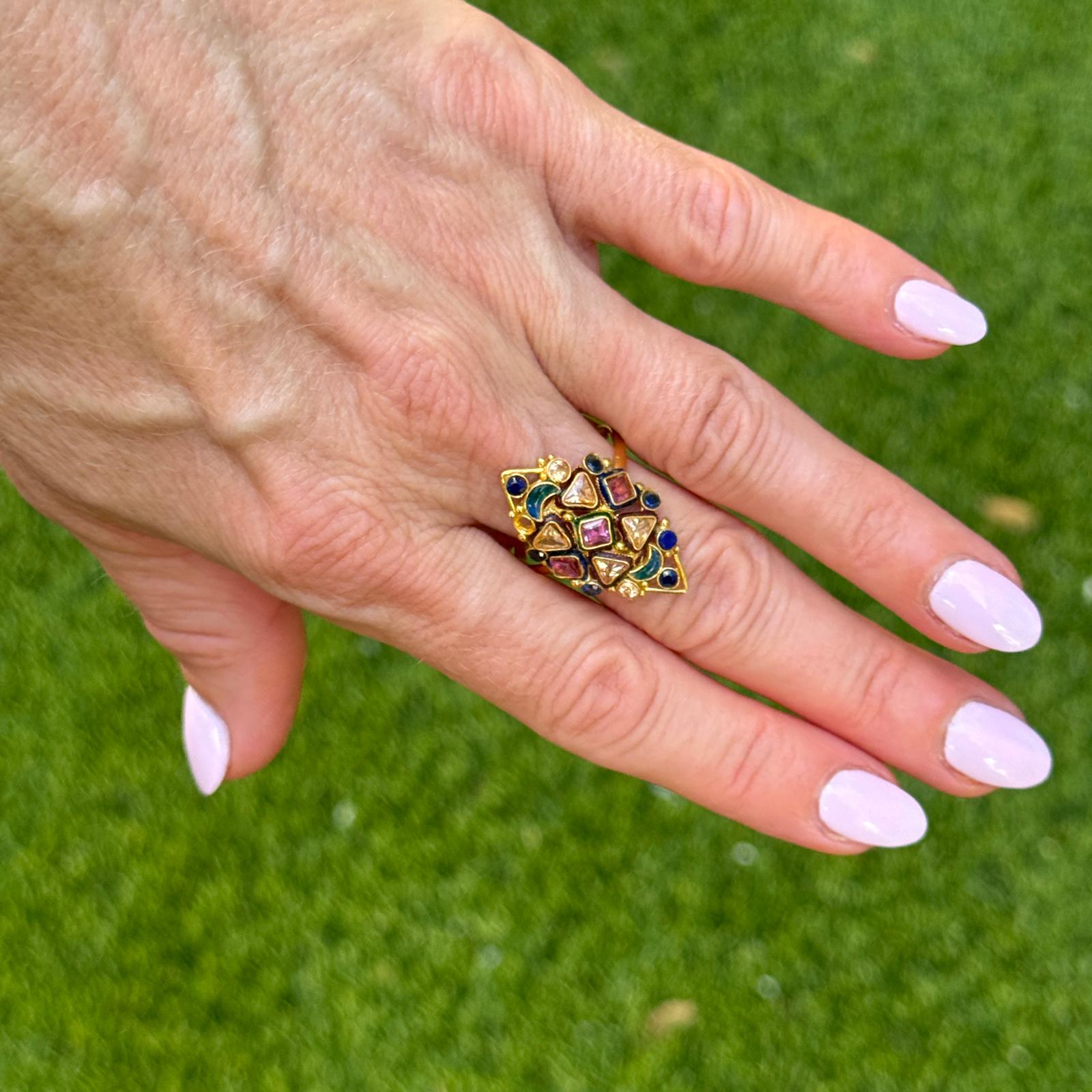 22 Karat Color Gemstone Navette Style Vintage Ring