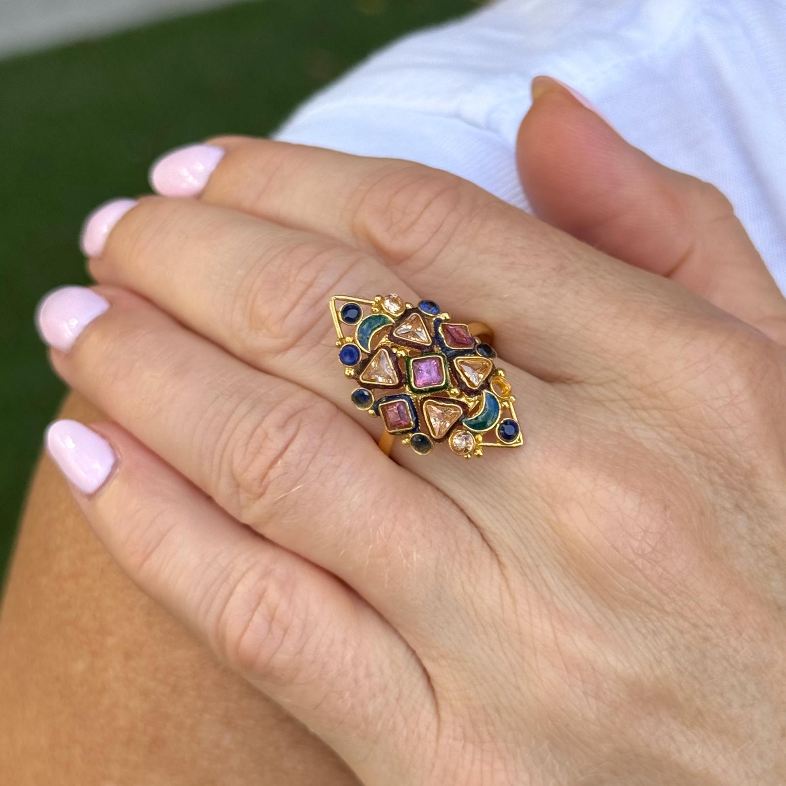 22 Karat Color Gemstone Navette Style Vintage Ring