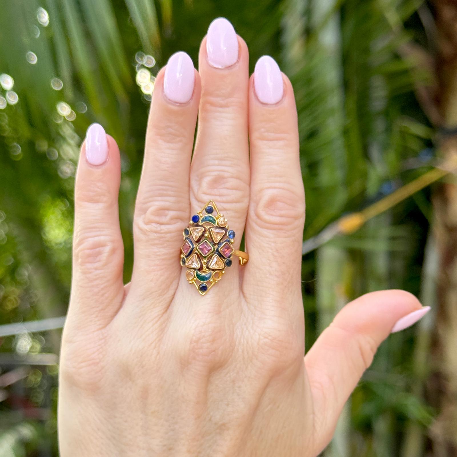 22 Karat Color Gemstone Navette Style Vintage Ring