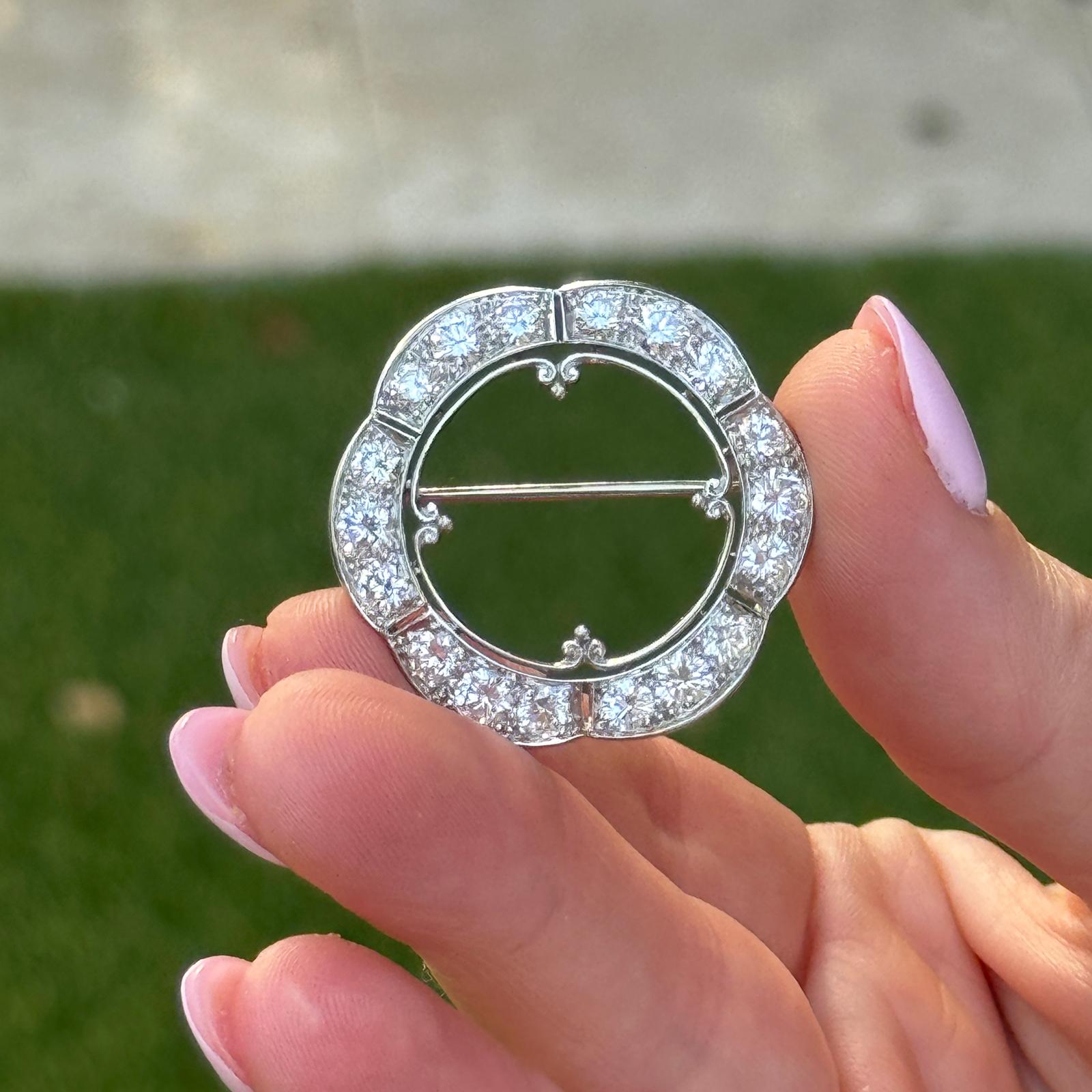 1950's Scalloped Round Brilliant Cut Diamond Platinum Circle Brooch