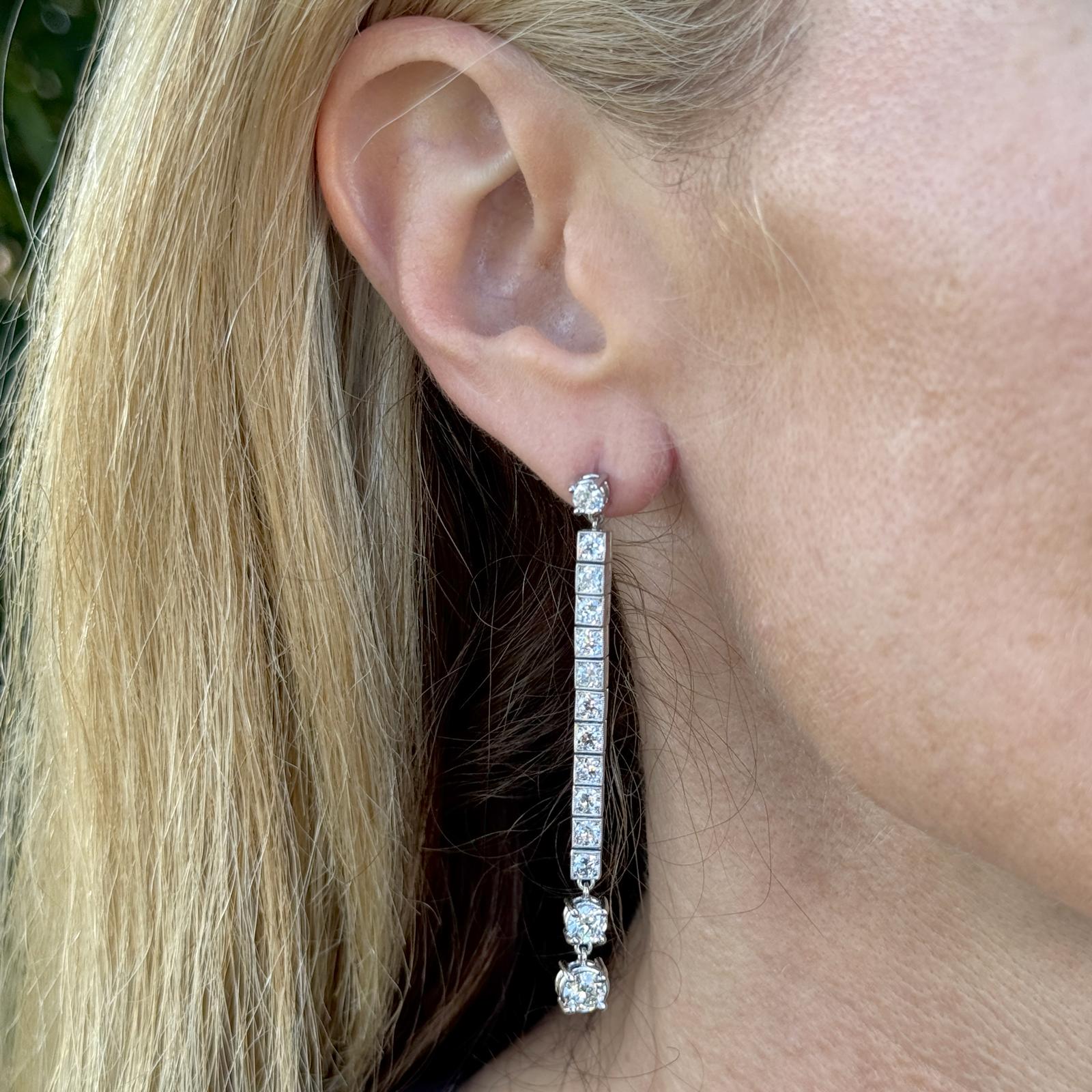 Platinum Old European Cut Diamond Line Drop Estate Vintage Earrings 4.66 CTW