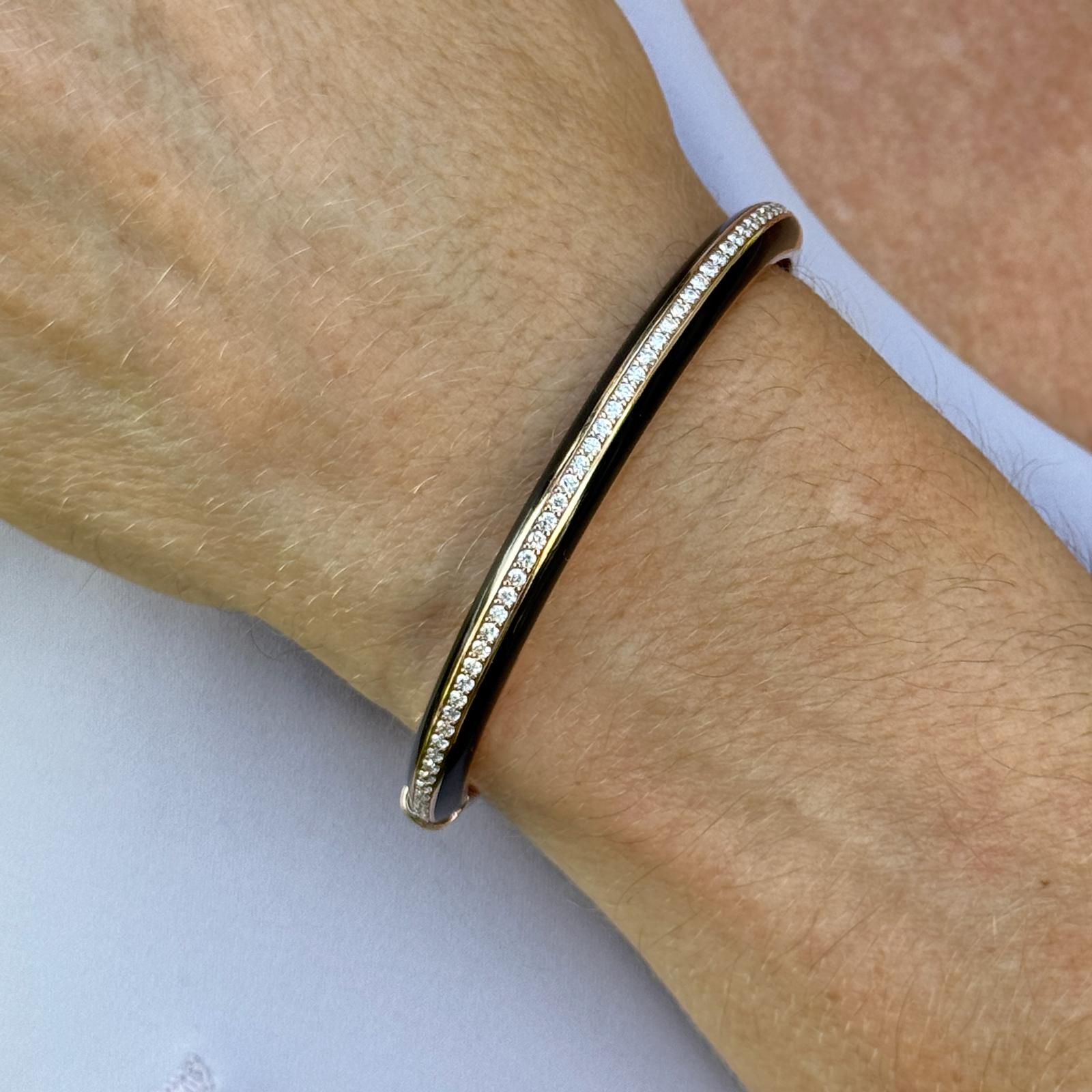 Diamond & Black Ceramic Stackable Hinged 18 Karat Rose Gold Bangle Bracelet New