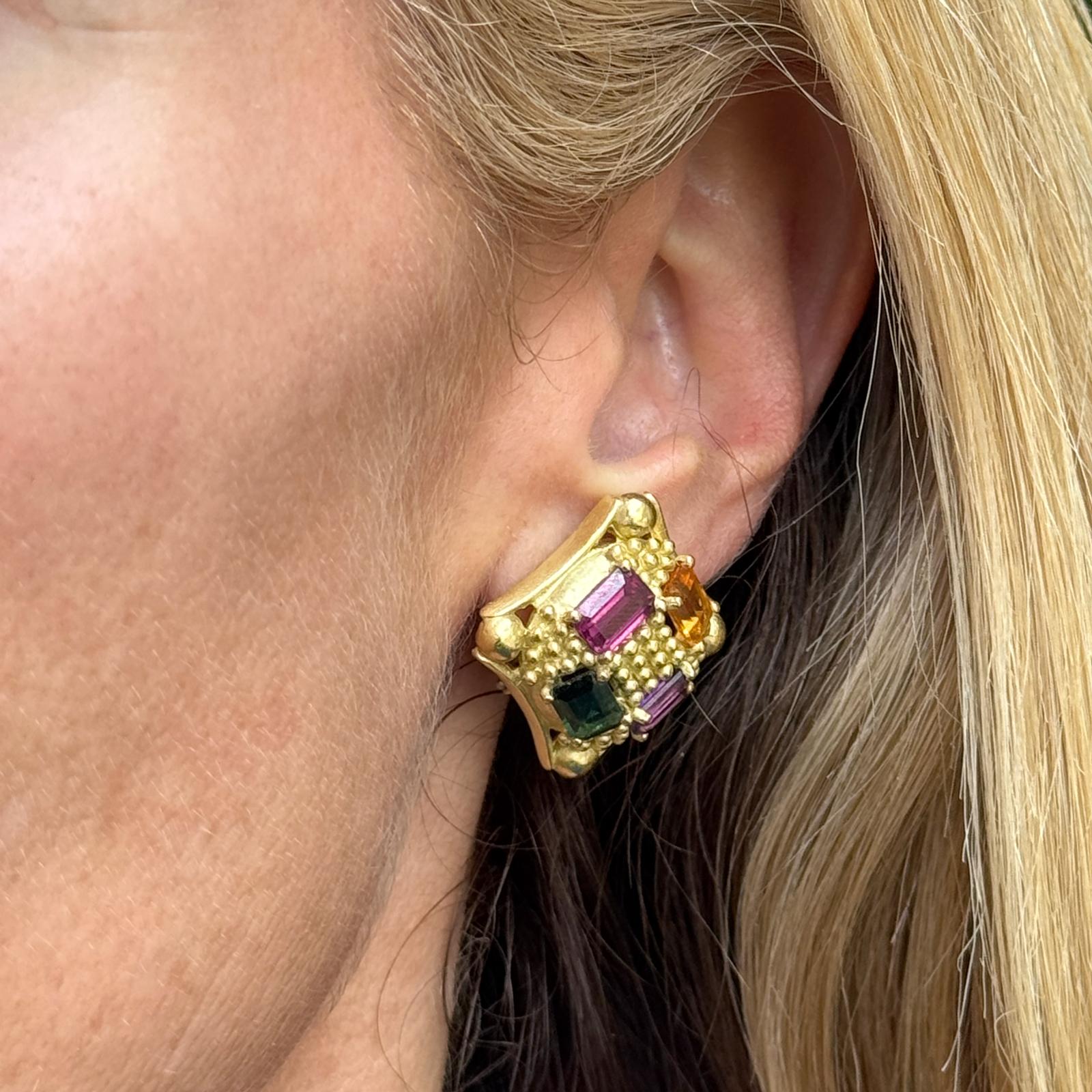 Doris Panos Colored Gemstone 18 Karat Yellow Gold Earclip Earrings