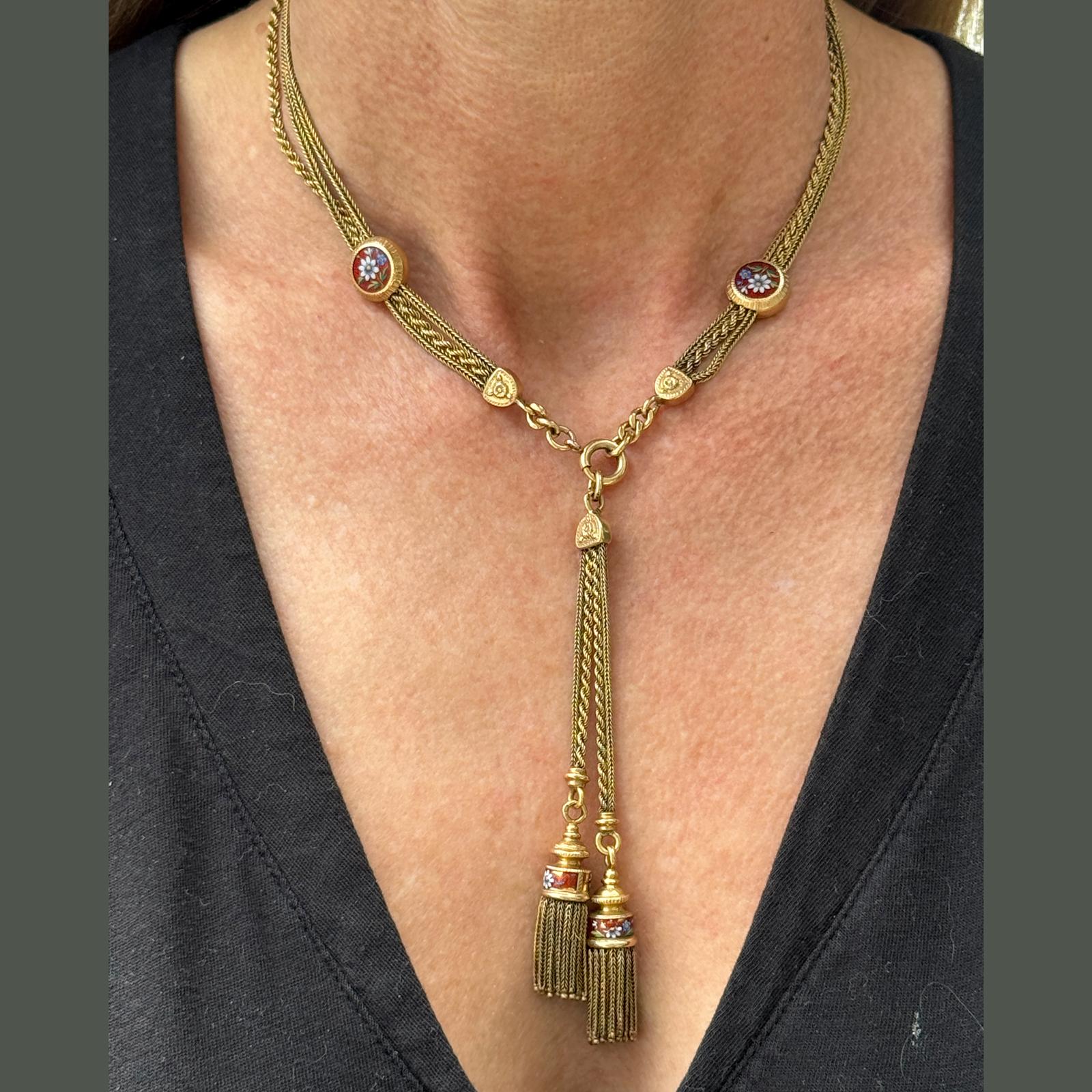 Victorian Enamel Floral Design Gold Choker Tassel Necklace Antique