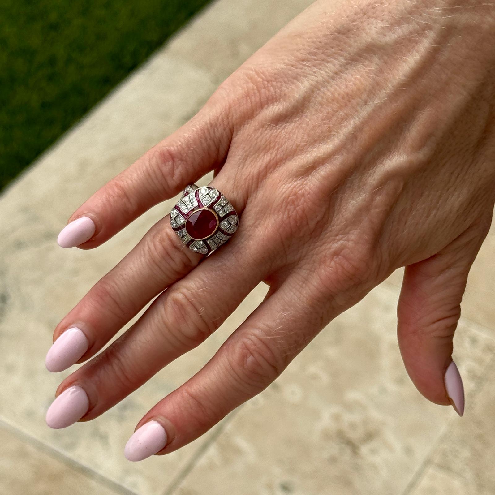 Burma Ruby Diamond Platinum Vintage Cocktail Ring