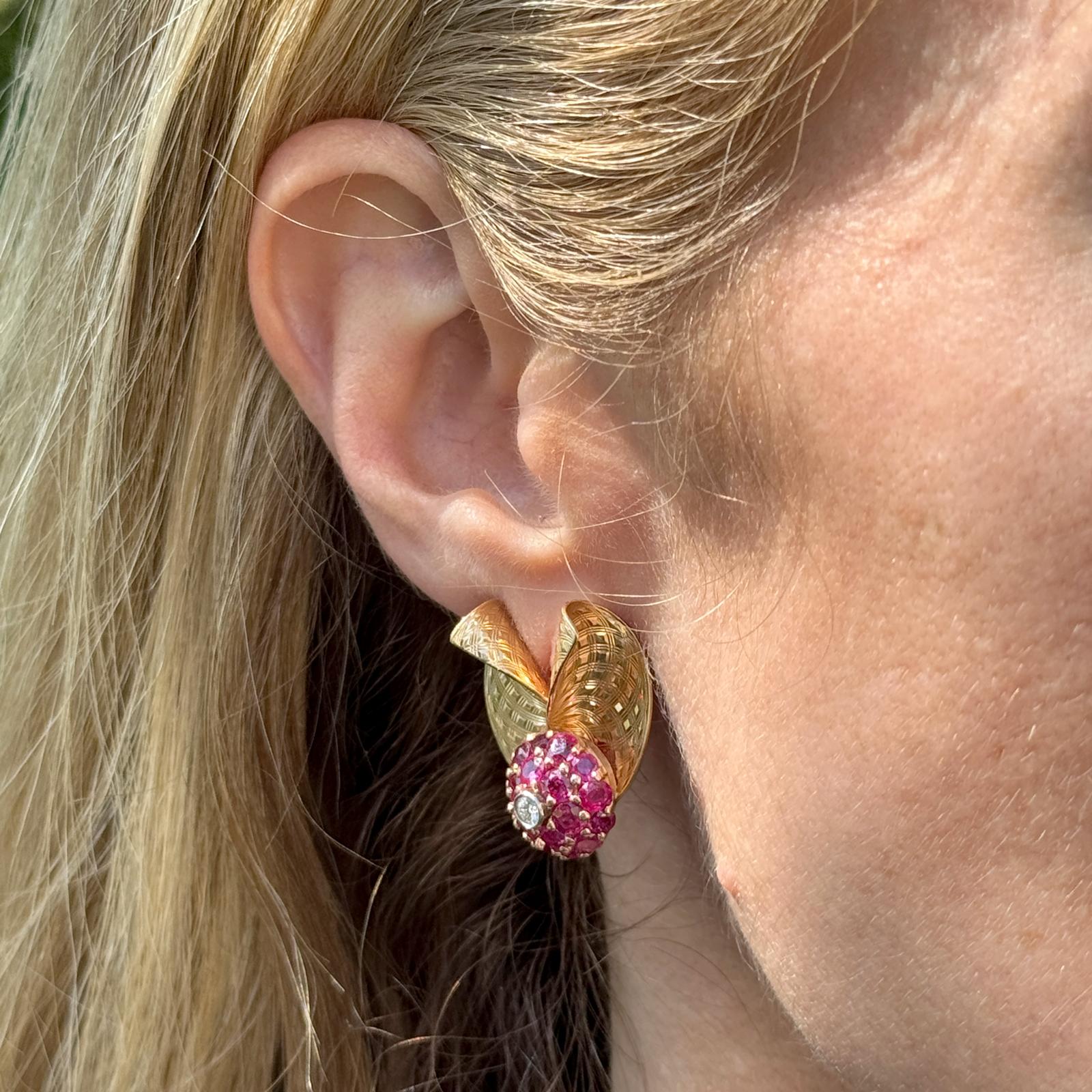 1950's Retro Diamond Ruby 14 Karat Yellow Gold Fan Style Earclip Earrings
