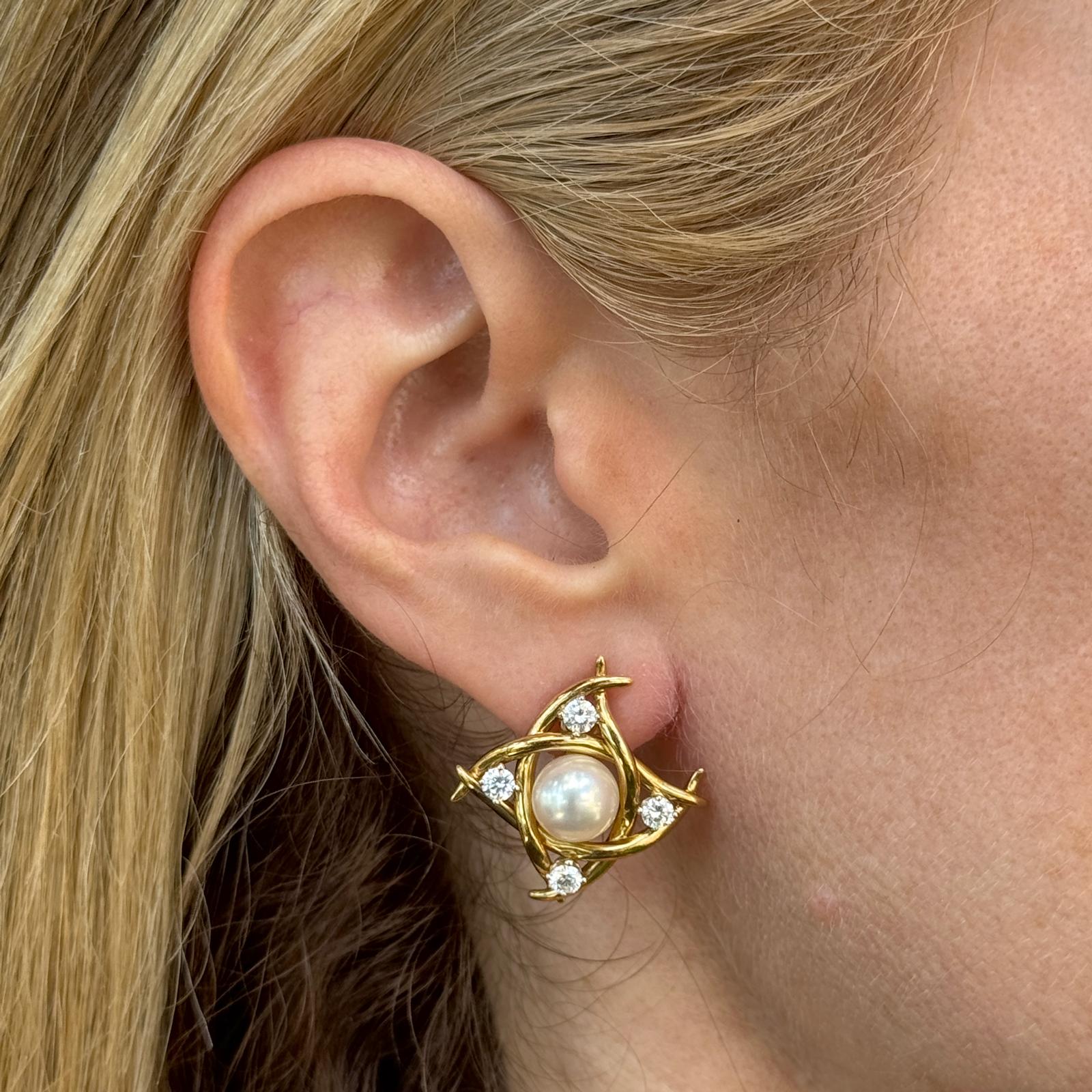 Tiffany & Co. Diamond Pearl 18 Karat Yellow Gold Lever-Back Earrings
