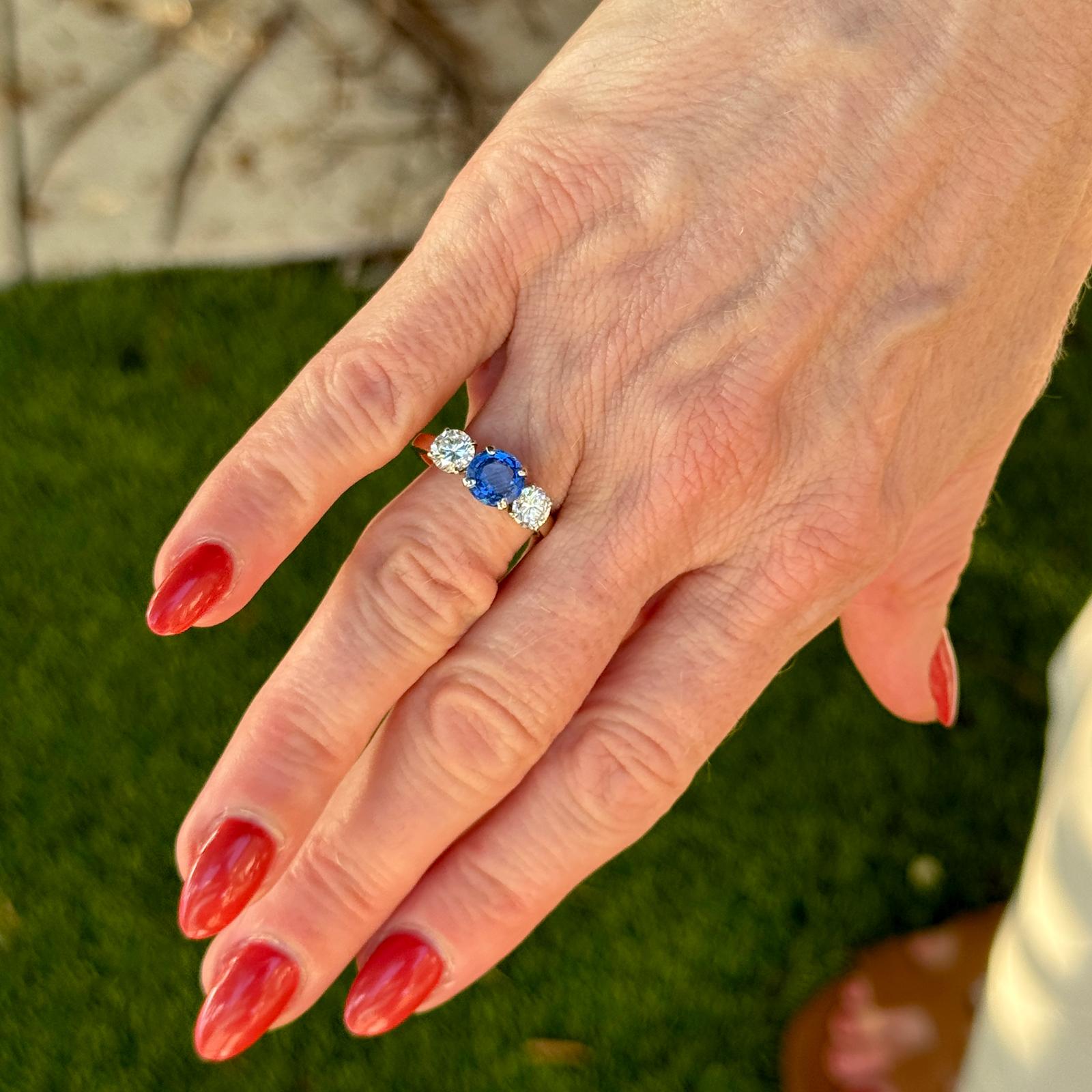 Sapphire Diamond Three Stone Band Ring 14 Karat Yellow Gold