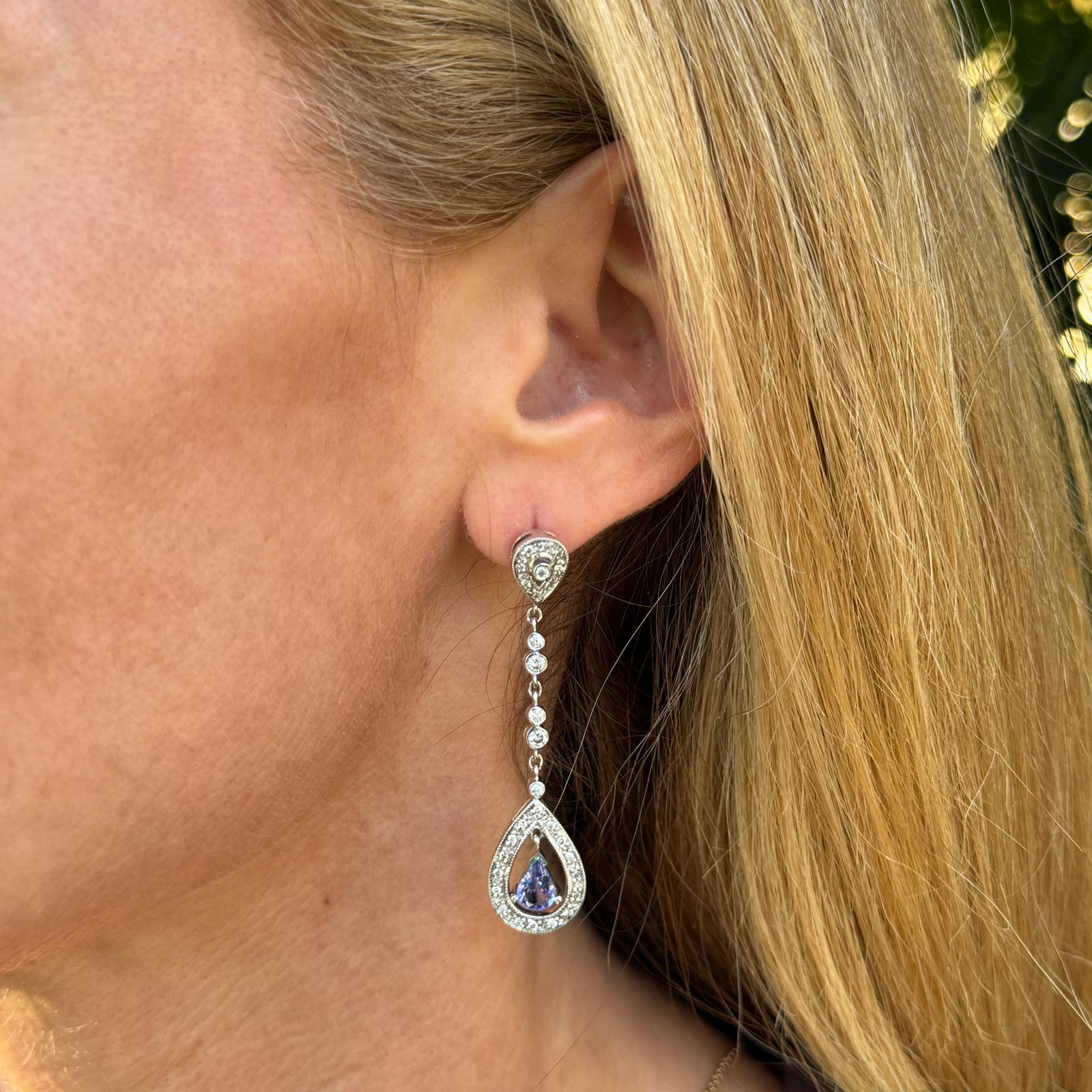 Diamond Pear Shape Tanzanite 14 Karat White Gold Drop Dangle Earrings