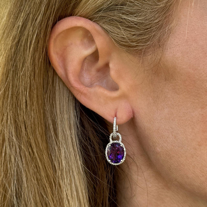 Oval Amethyst Diamond Drop 14 Karat White Gold Earrings