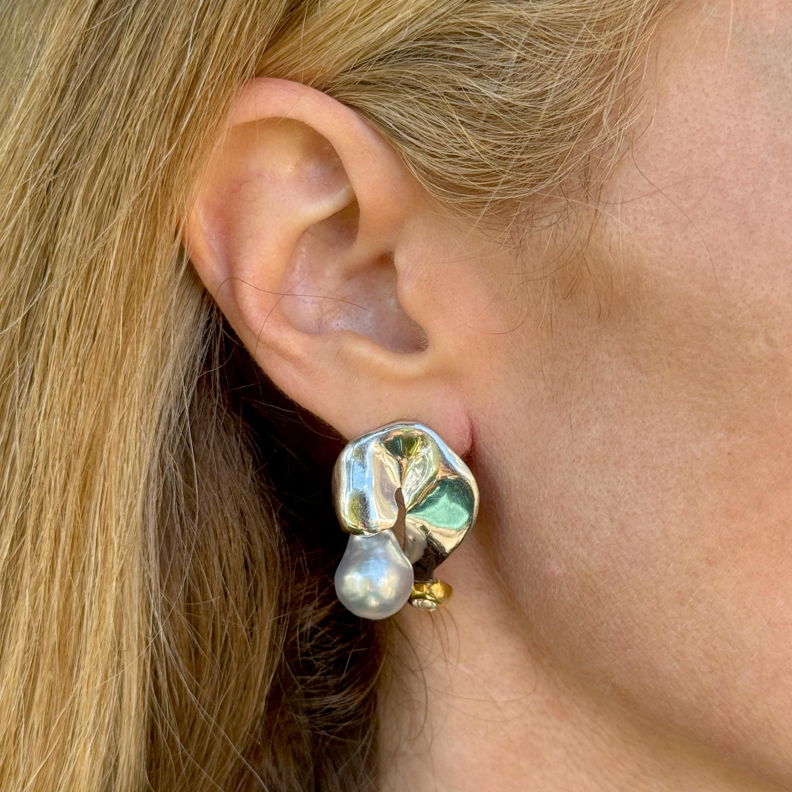 Diamond South Sea Pearl 18KTT Gold Drop Contemporary Lever-Back Earrings