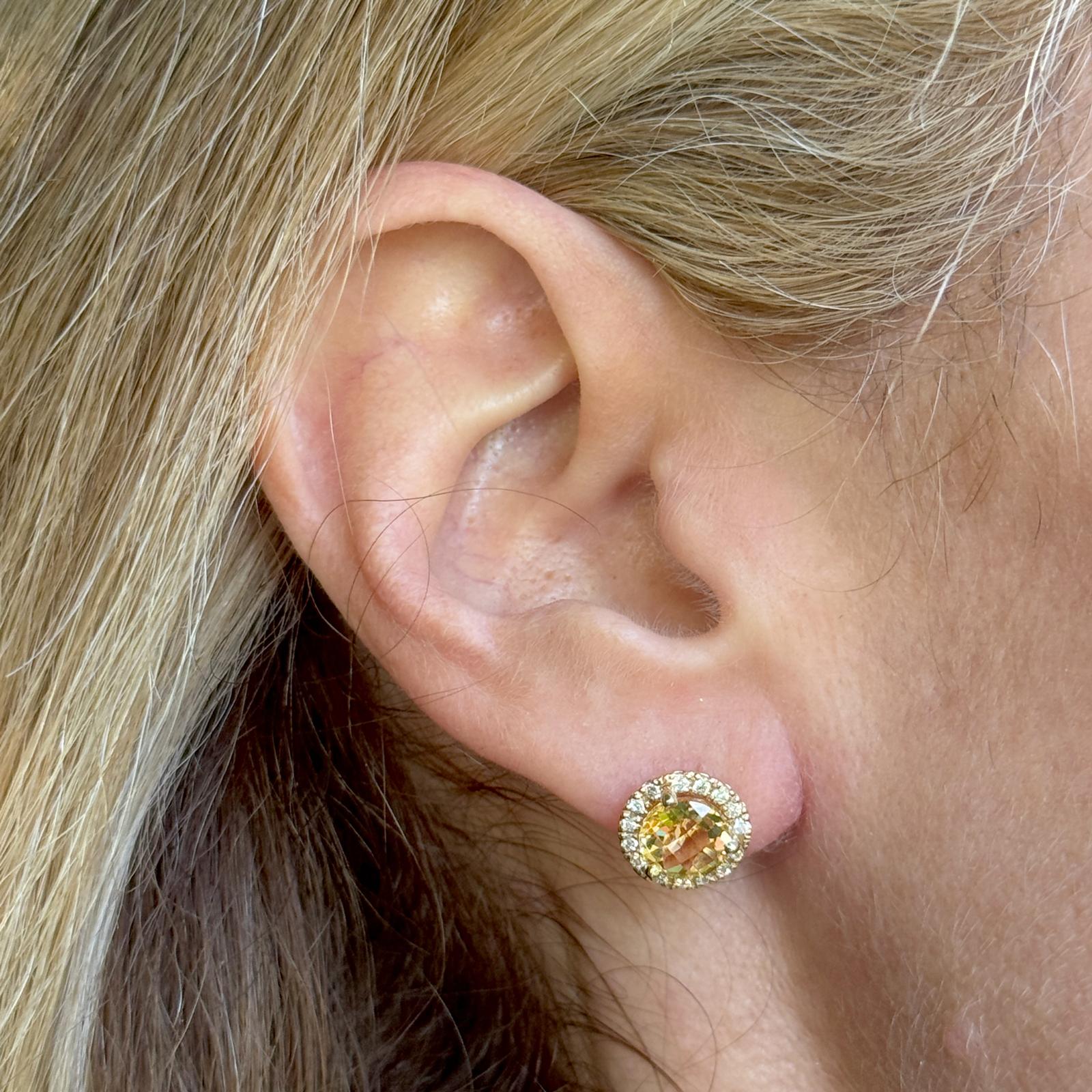 Citrine Diamond Halo 14 Karat Yellow Gold Stud Earrings