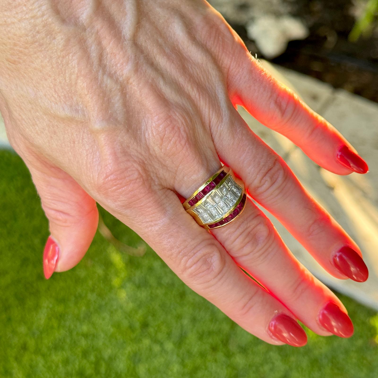 Diamond Ruby 18 Karat Yellow Gold Wide Vintage Band Ring