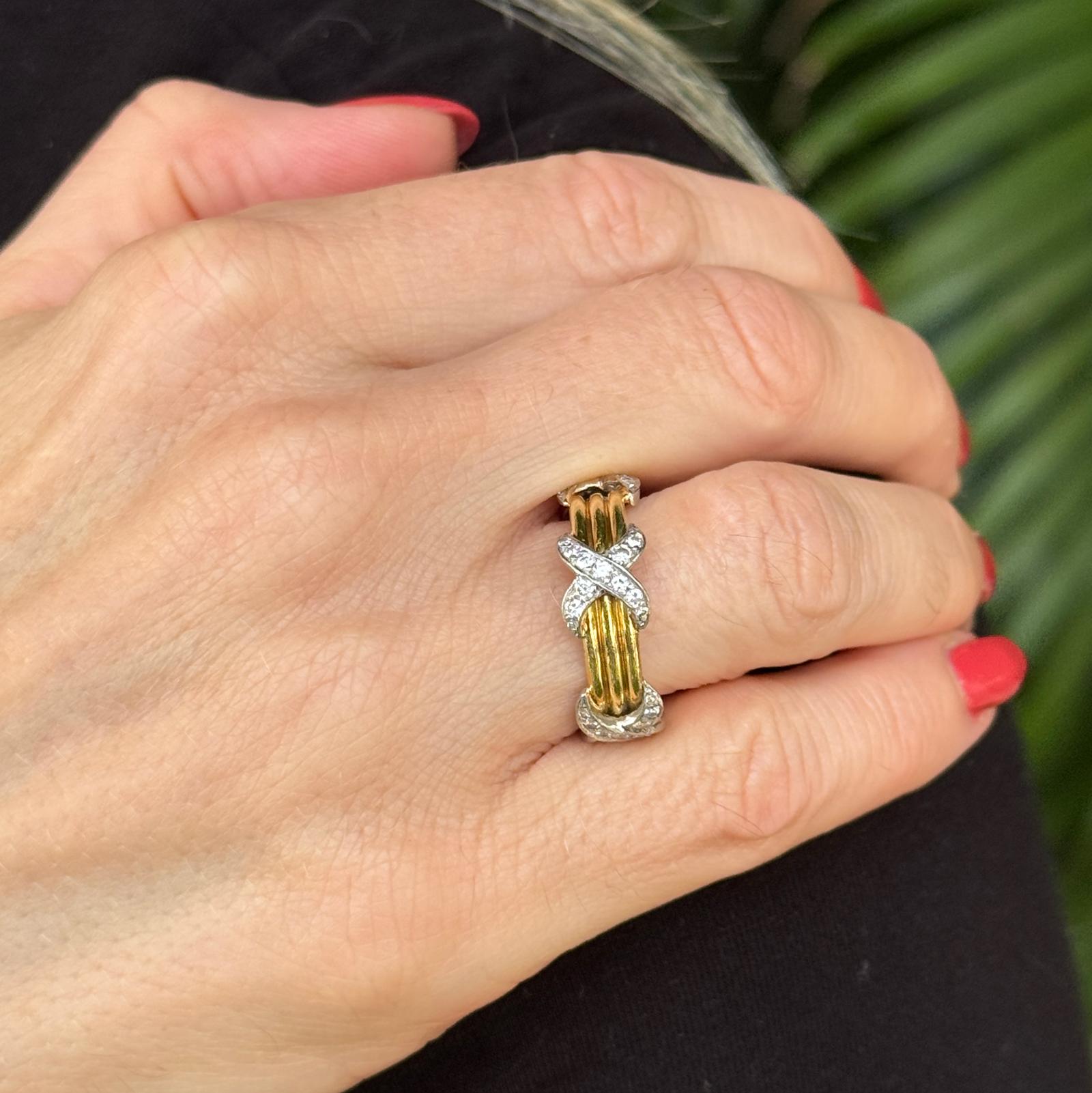 18 Karat Yellow Gold Platinum Diamond 'X' Band Ring Size 6 Modern