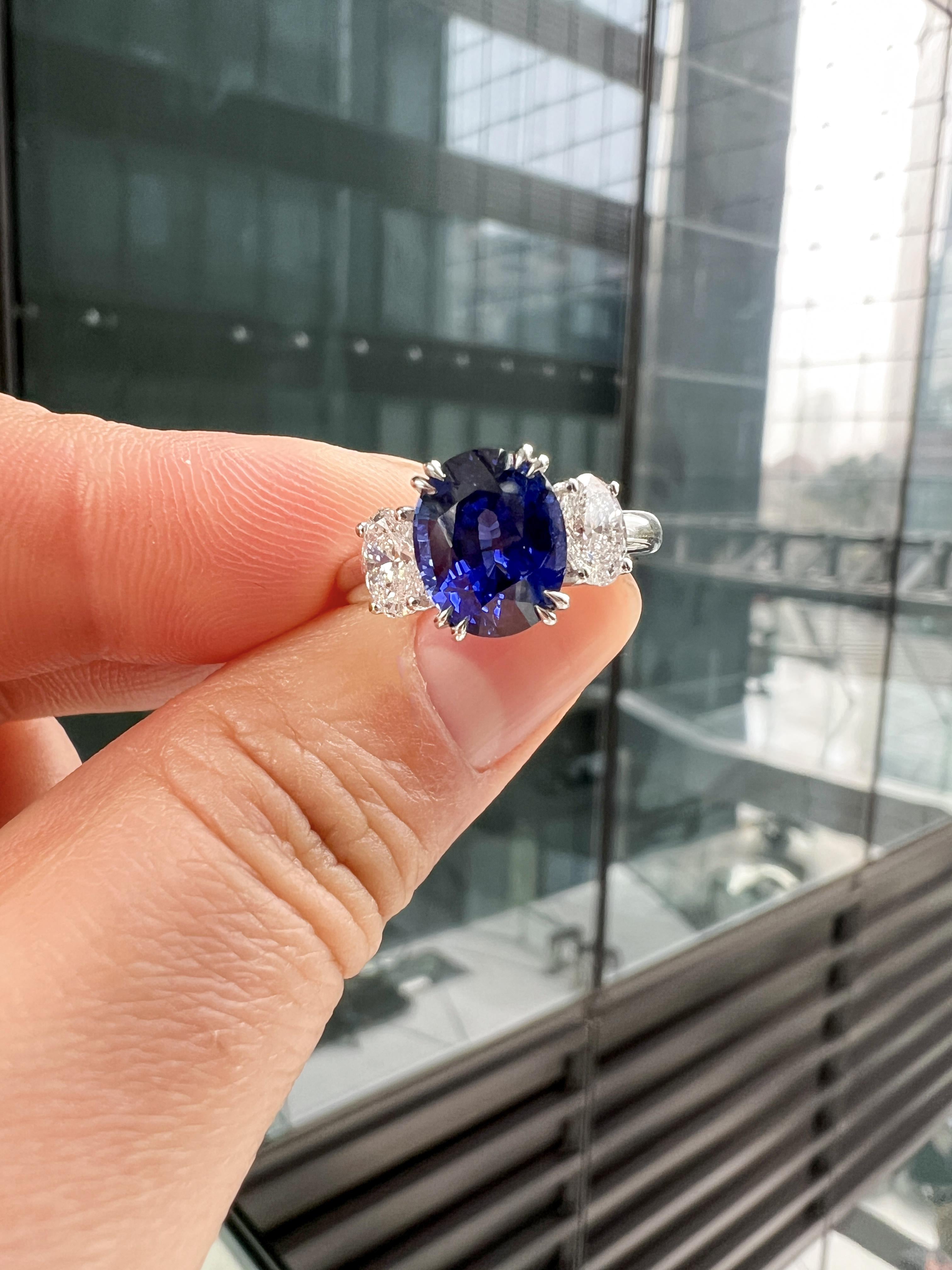 Lab-Created Oval Blue Sapphire Diamond Platinum Modern Cocktail Ring