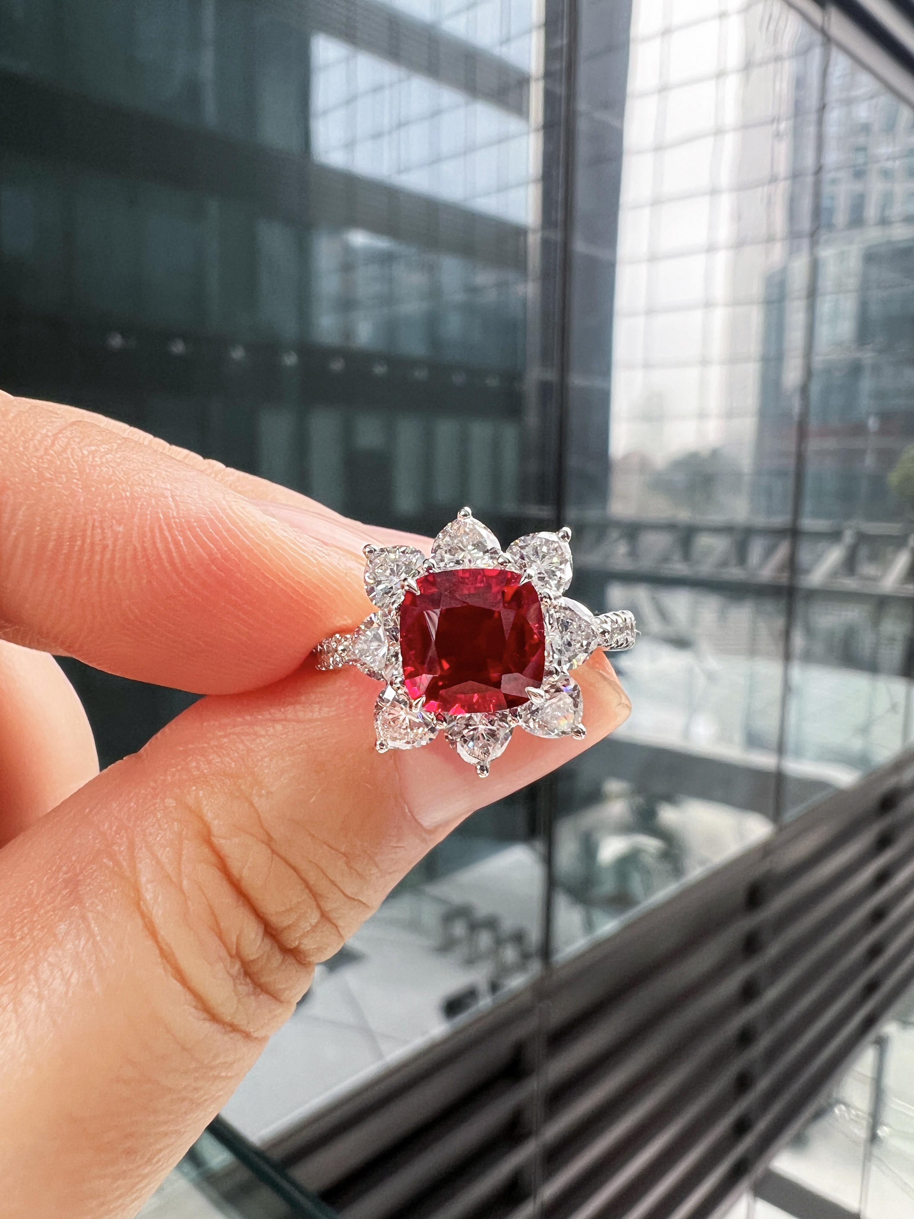 Lab-Created Cushion Cut Ruby Diamond Platinum Modern Cocktail Ring