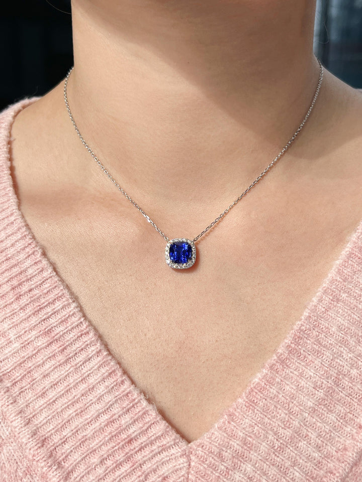 Lab-Created Blue Sapphire Diamond 14 Karat White Gold Pendant