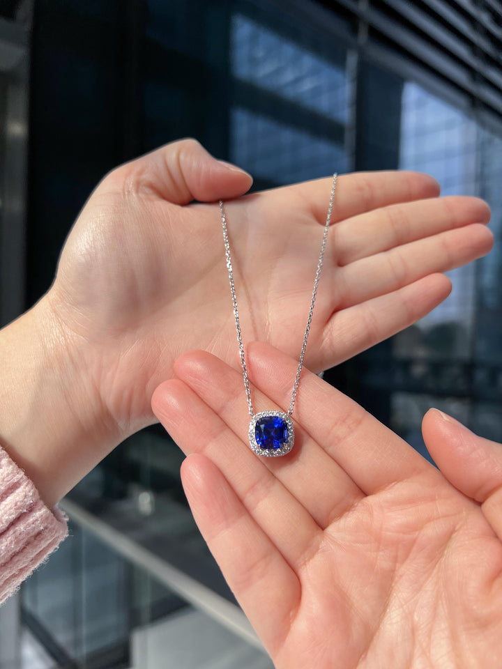 Lab-Created Blue Sapphire Diamond 14 Karat White Gold Pendant