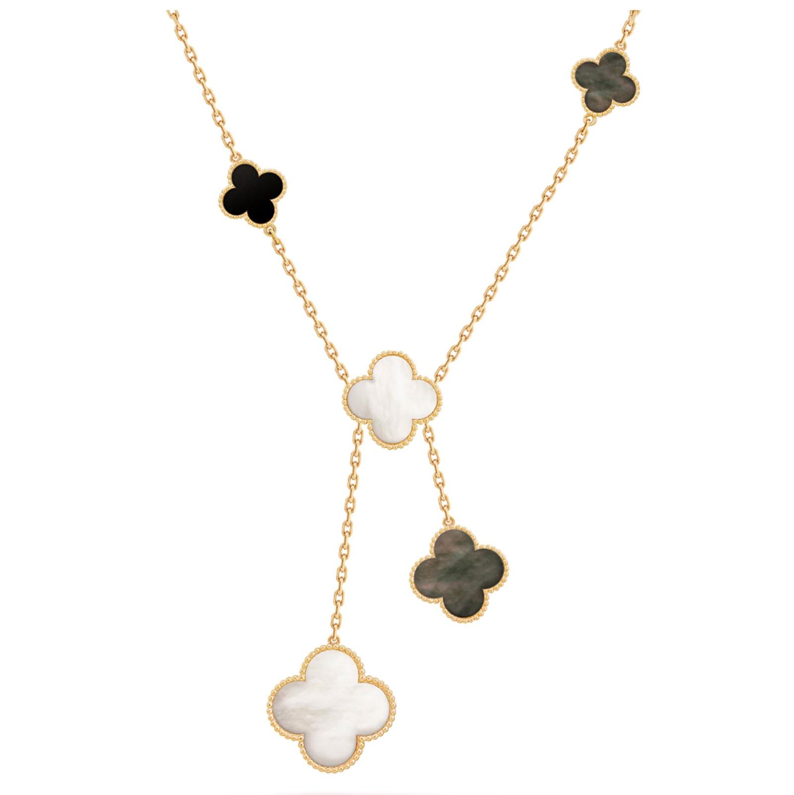 Van Cleef & Arpels Magic Alhambra 18KYG 6 Motif MOP Onyx Necklace Box Papers