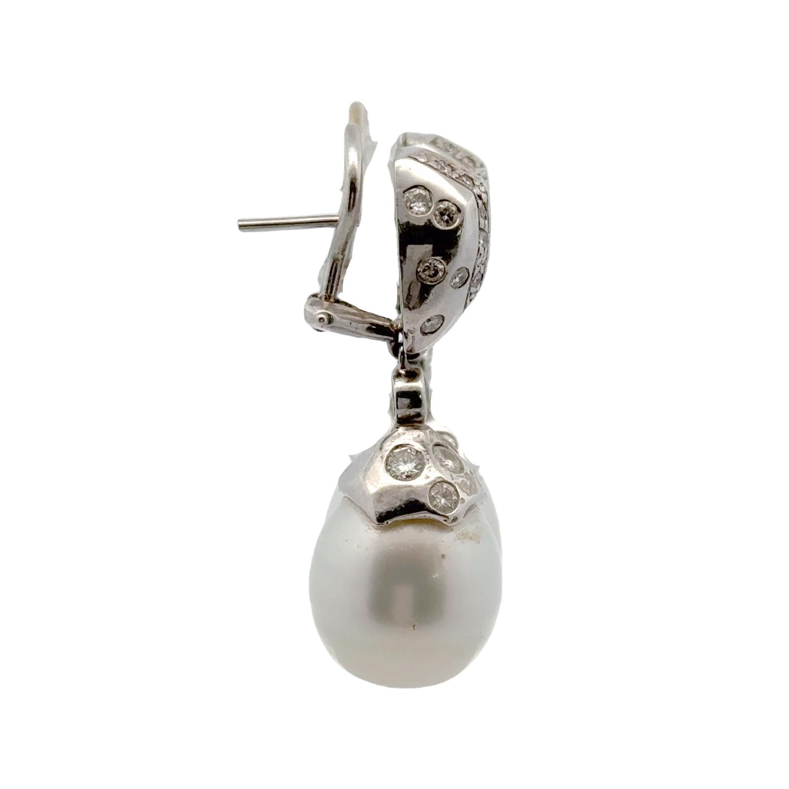 Modern Diamond Baroque Pearl 14 Karat White Gold Drop Leverback Earrings