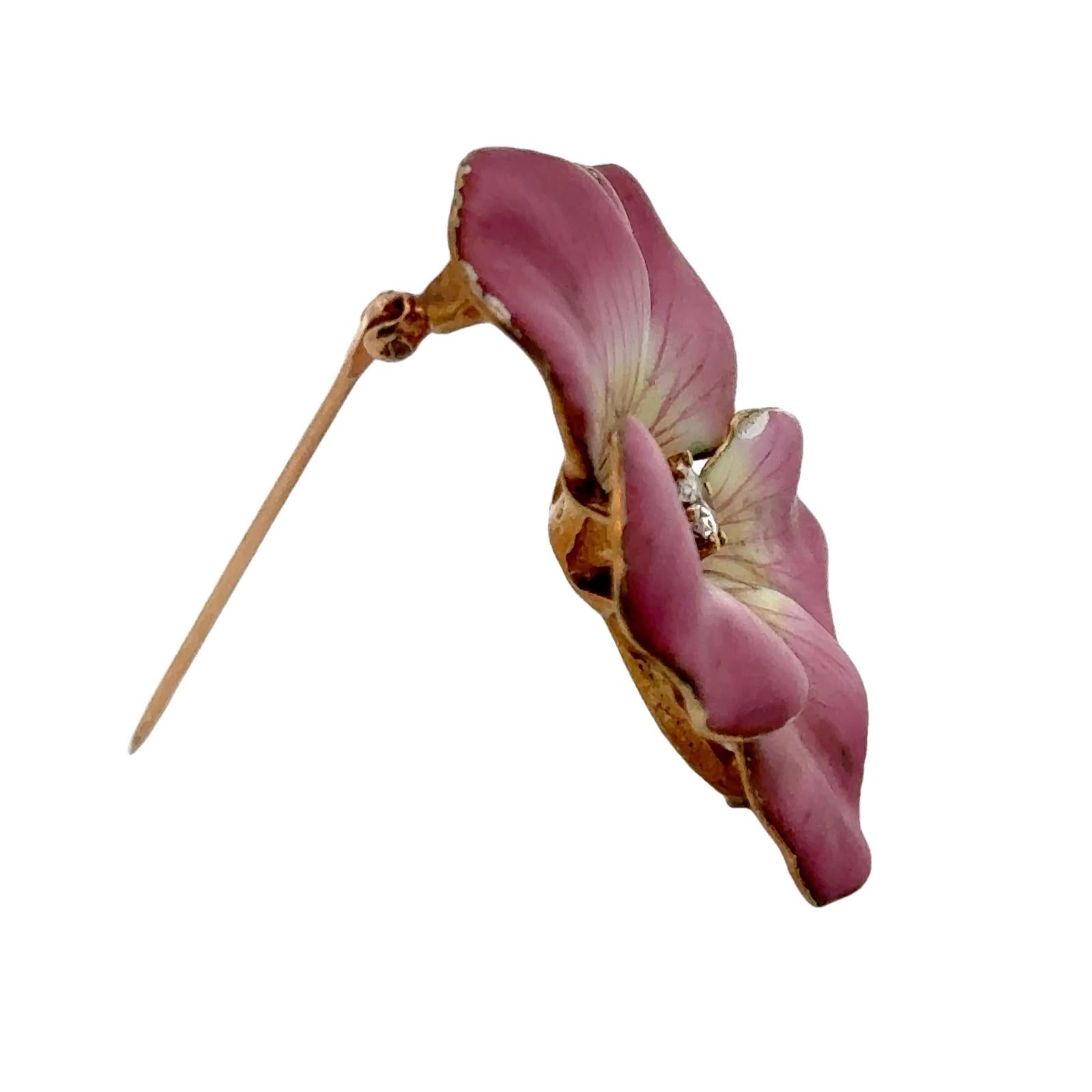 Mid-20th Century Pink Enamel Diamond 14KY Gold Pansy Floral Brooch