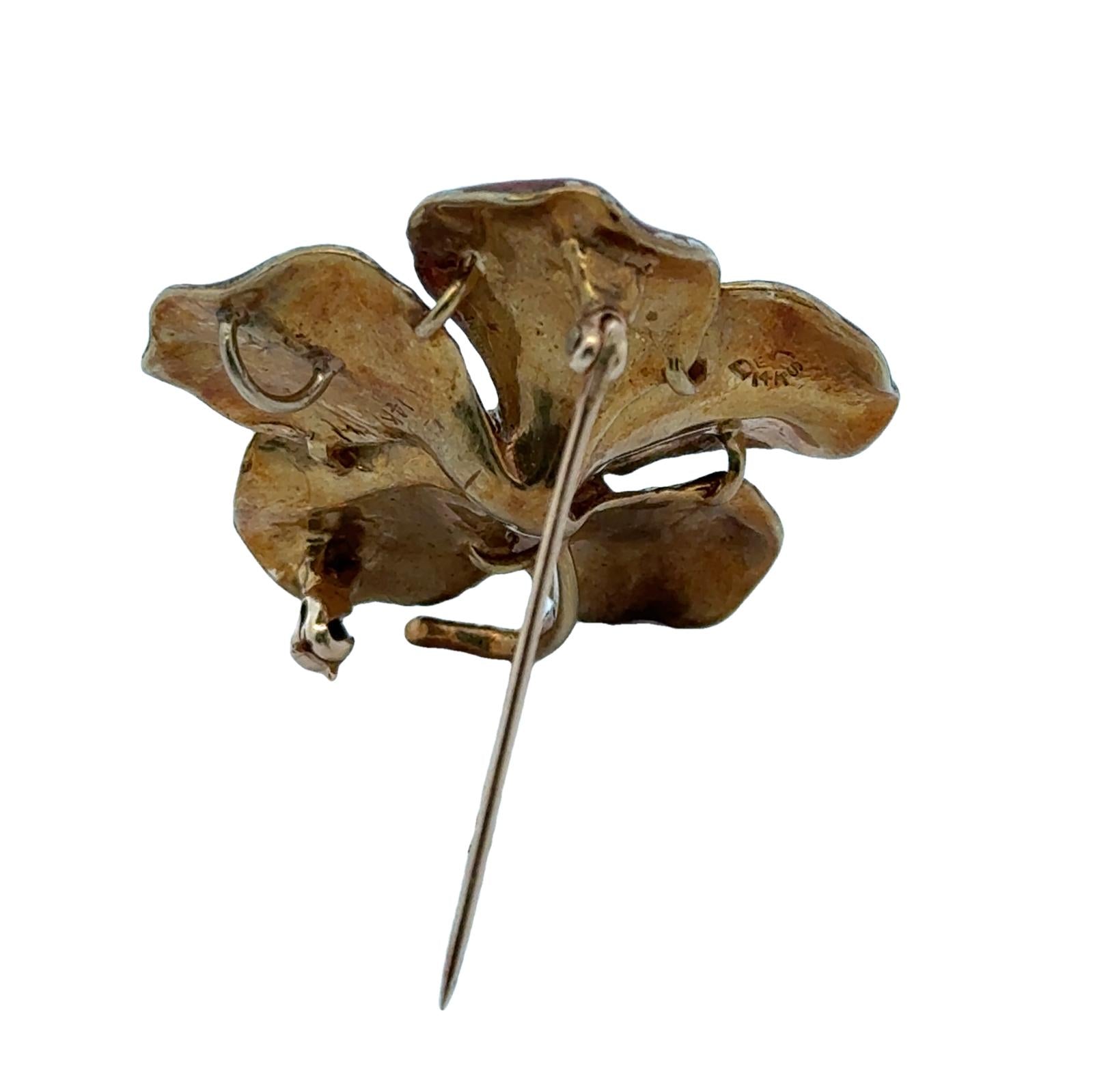 Mid-20th Century Pink Enamel Diamond 14KY Gold Pansy Floral Brooch