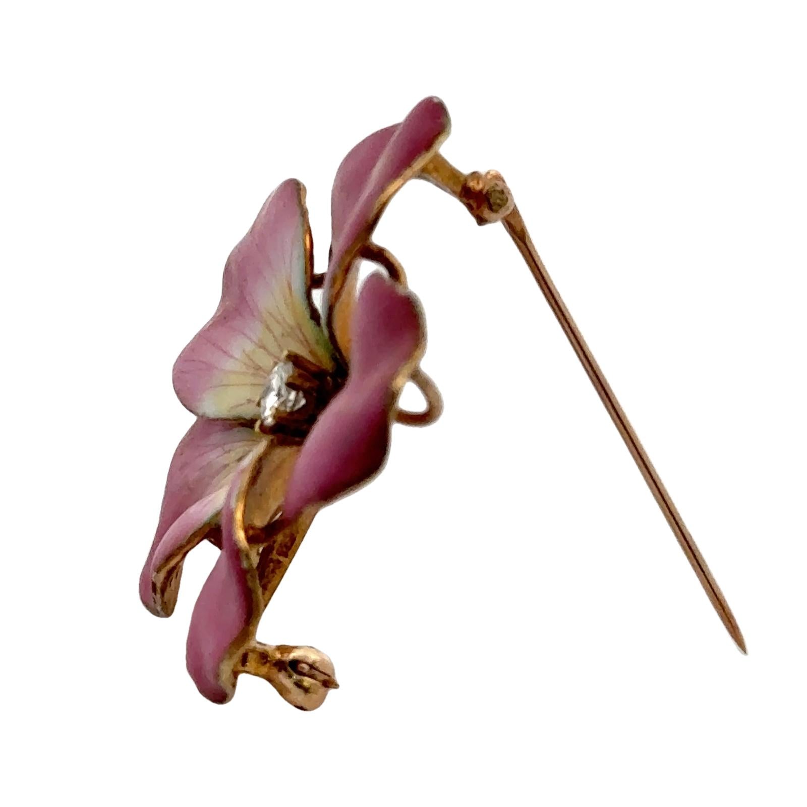 Mid-20th Century Pink Enamel Diamond 14KY Gold Pansy Floral Brooch