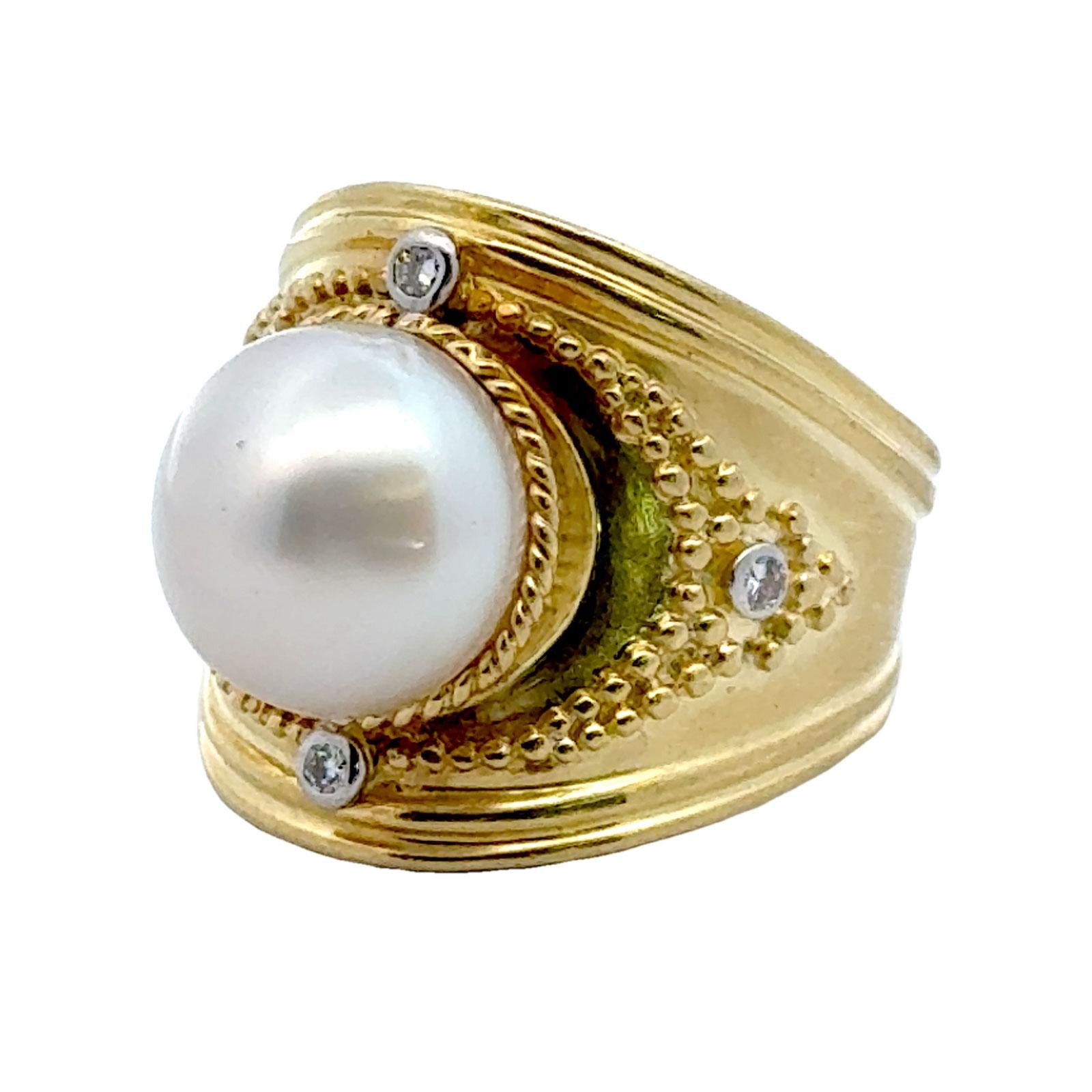 South Sea Pearl Diamond 18 Karat Yellow Gold Etruscan Style Cocktail Ring