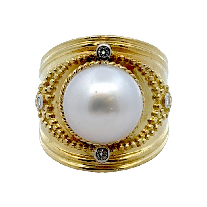 South Sea Pearl Diamond 18 Karat Yellow Gold Etruscan Style Cocktail Ring