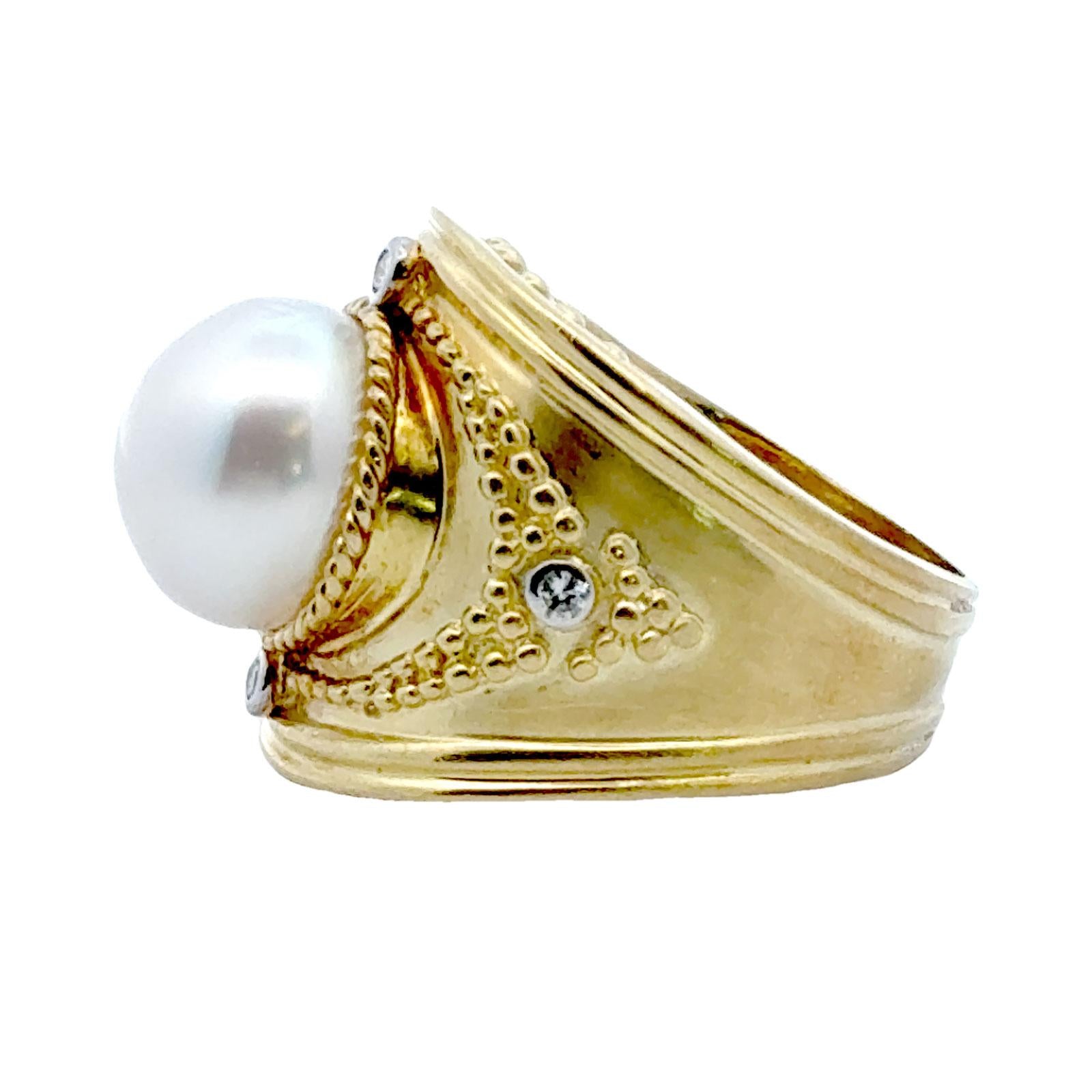South Sea Pearl Diamond 18 Karat Yellow Gold Etruscan Style Cocktail Ring