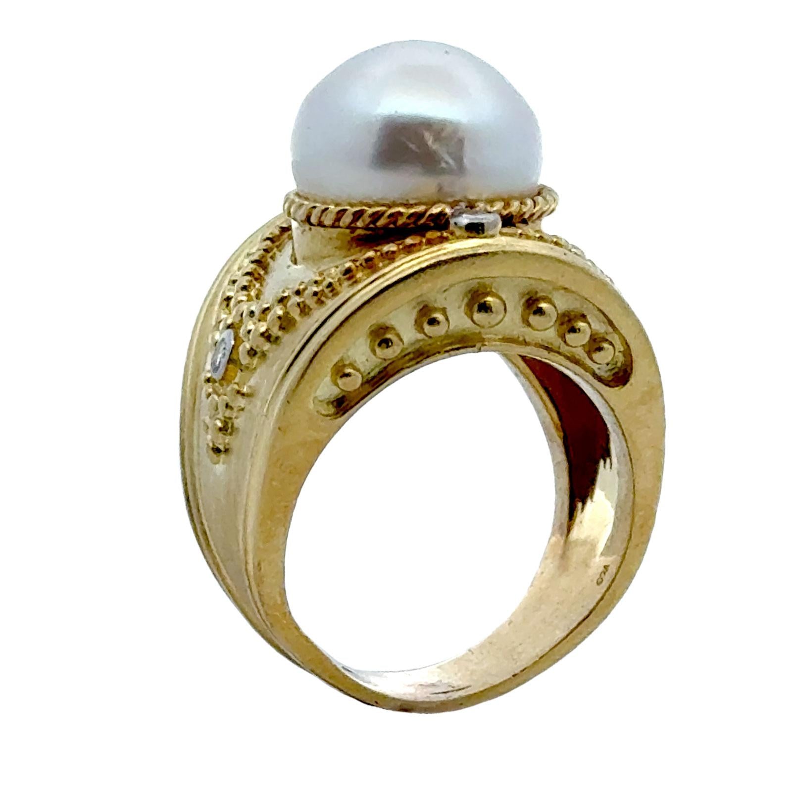 South Sea Pearl Diamond 18 Karat Yellow Gold Etruscan Style Cocktail Ring