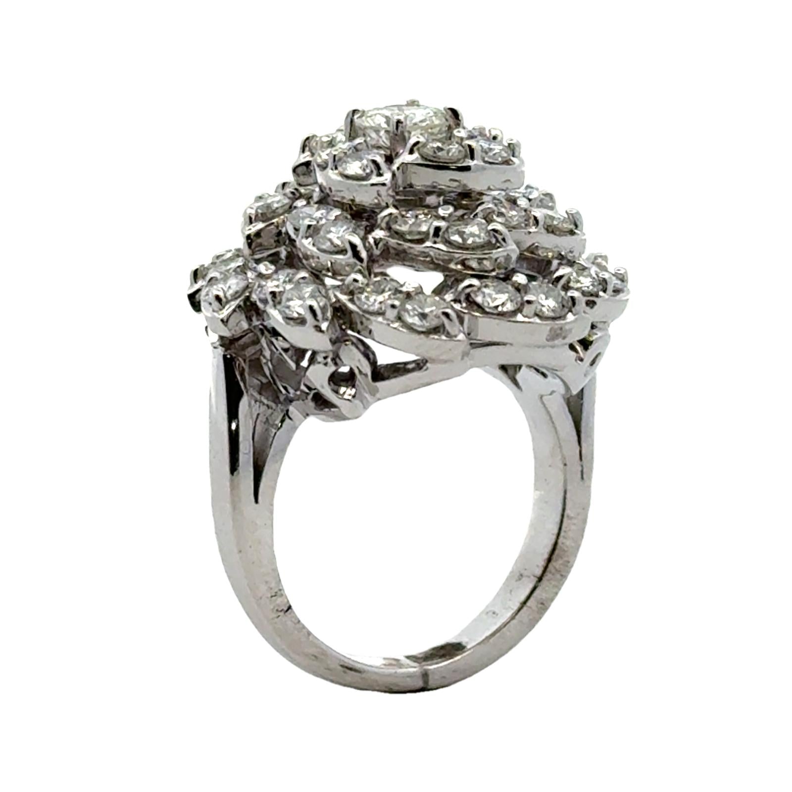 Mid-20th Century Diamond Spiral Cluster Cocktail Ring 14 Karat White Gold