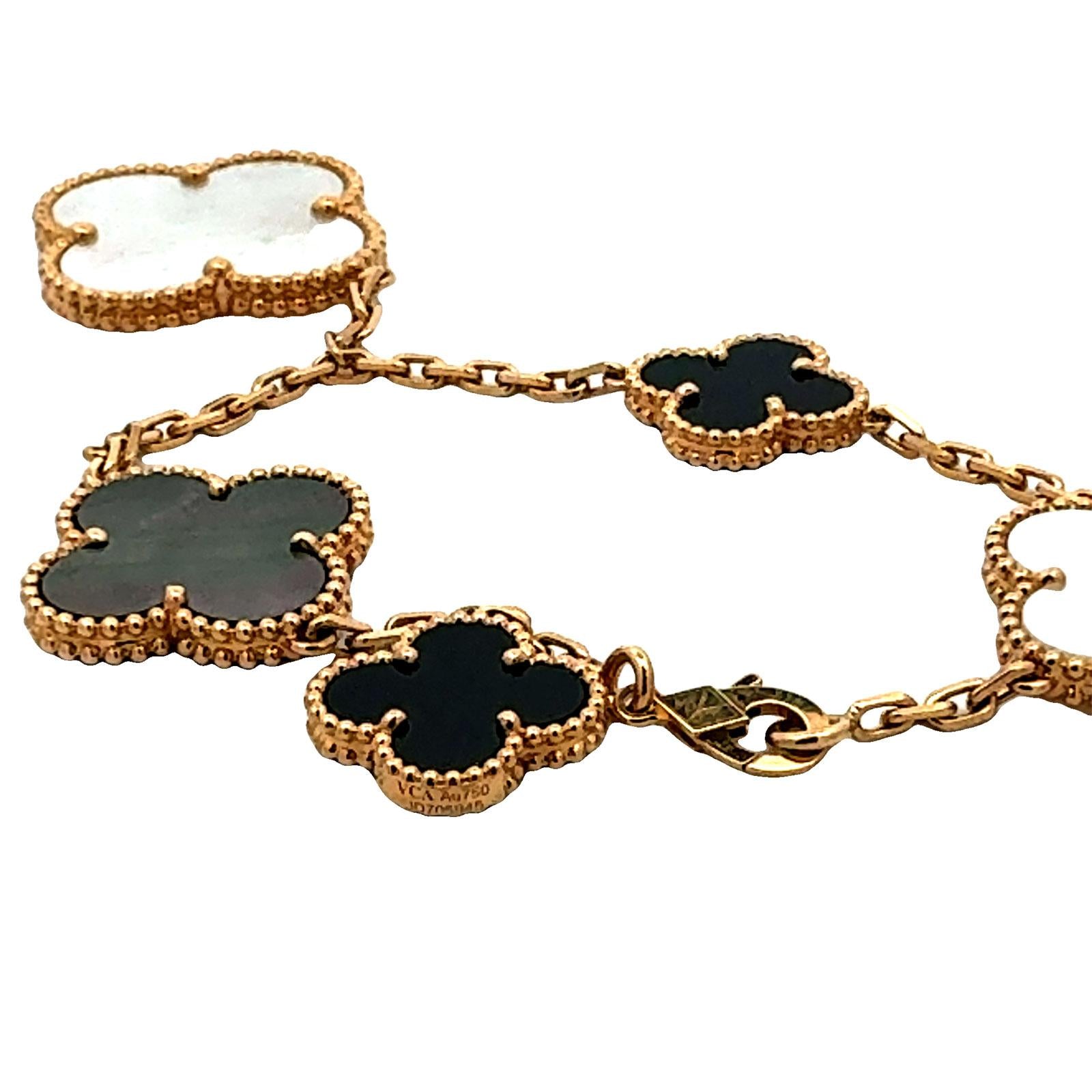 Van Cleef & Arpels Magic Alhambra 18KYG 6 Motif MOP Onyx Necklace Box Papers