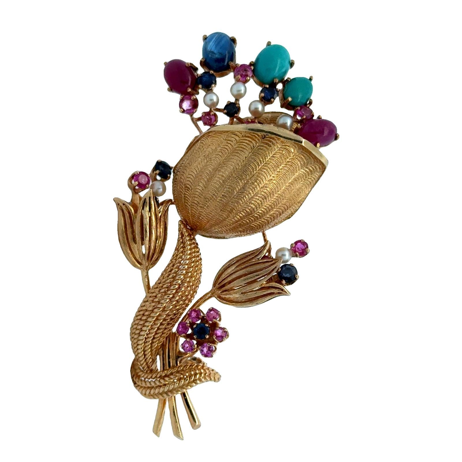 1950's Ruby Sapphire Turquoise 14 Karat Yellow Gold Floral Vintage Brooch Pin