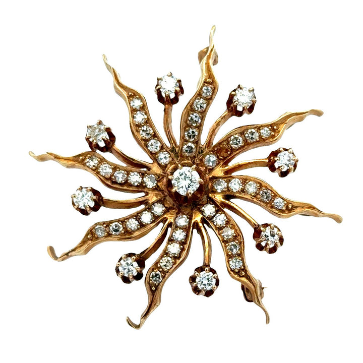 1950's Diamond 14 Karat Yellow Gold Starburst Brooch Pin