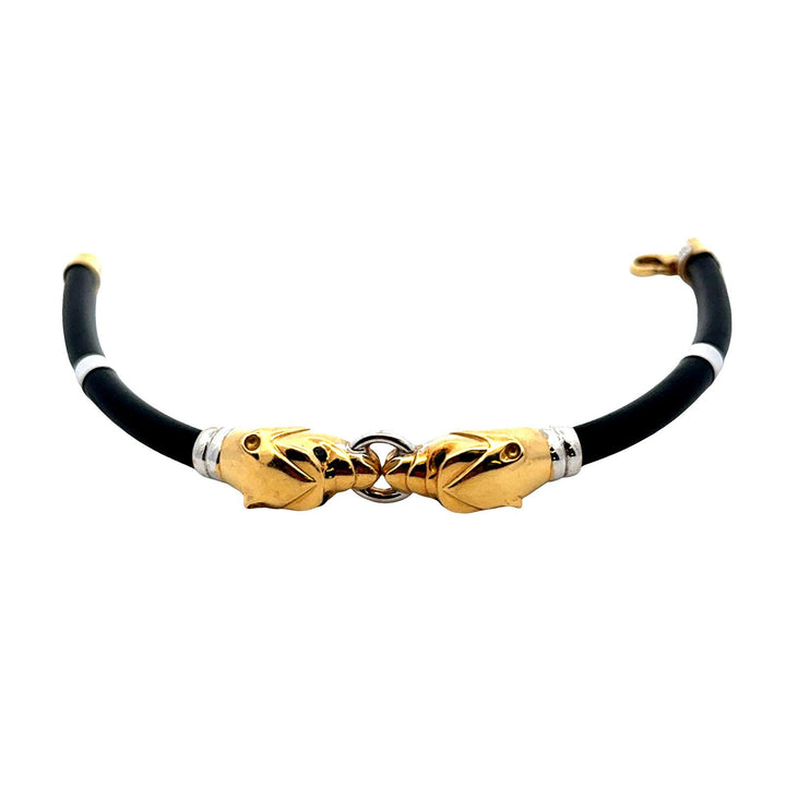 18 Karat Yellow & White Gold Double Head Panther Black Rubber Cord Bracelet