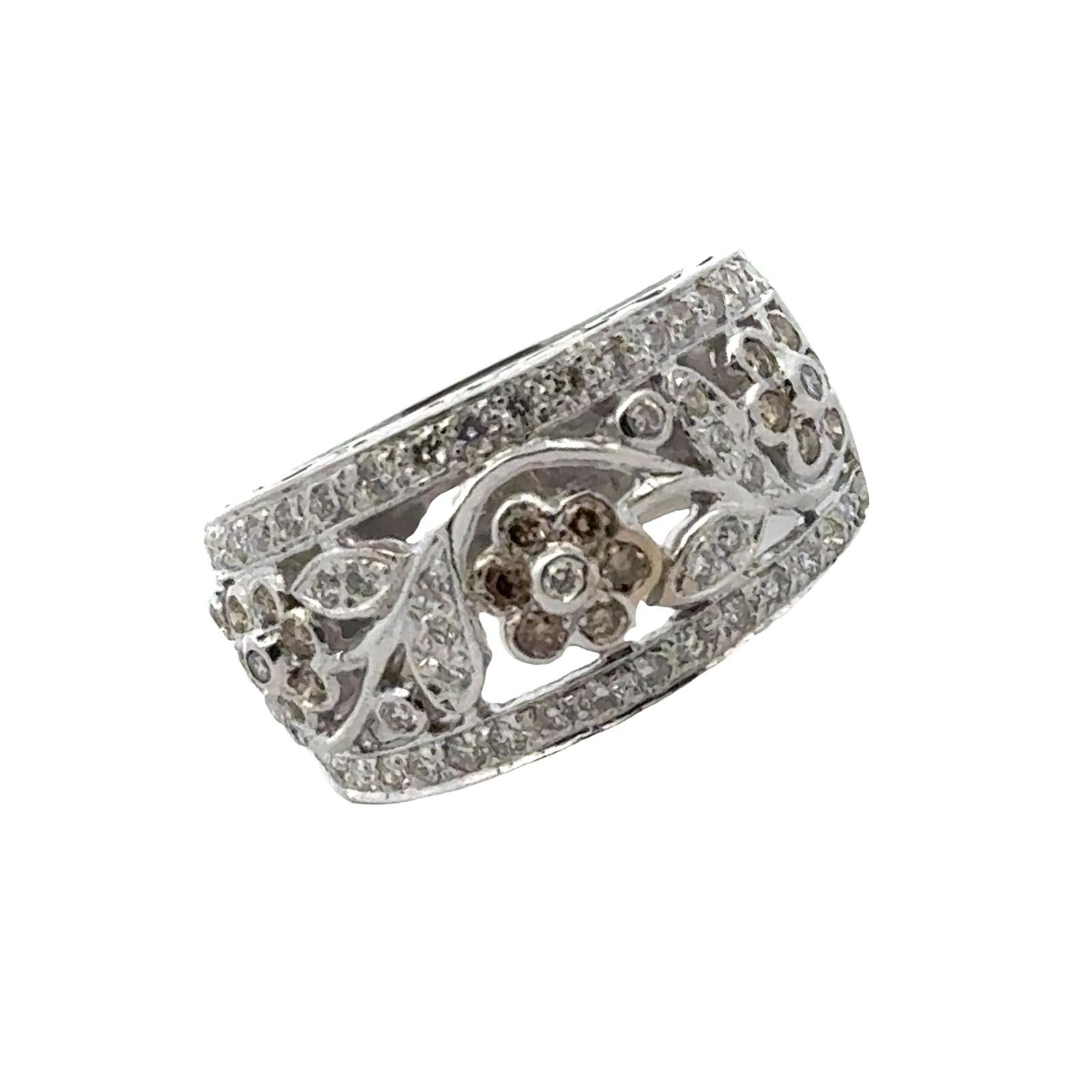 LeVian Diamond Floral Design 14 Karat White Gold Modern Band Ring