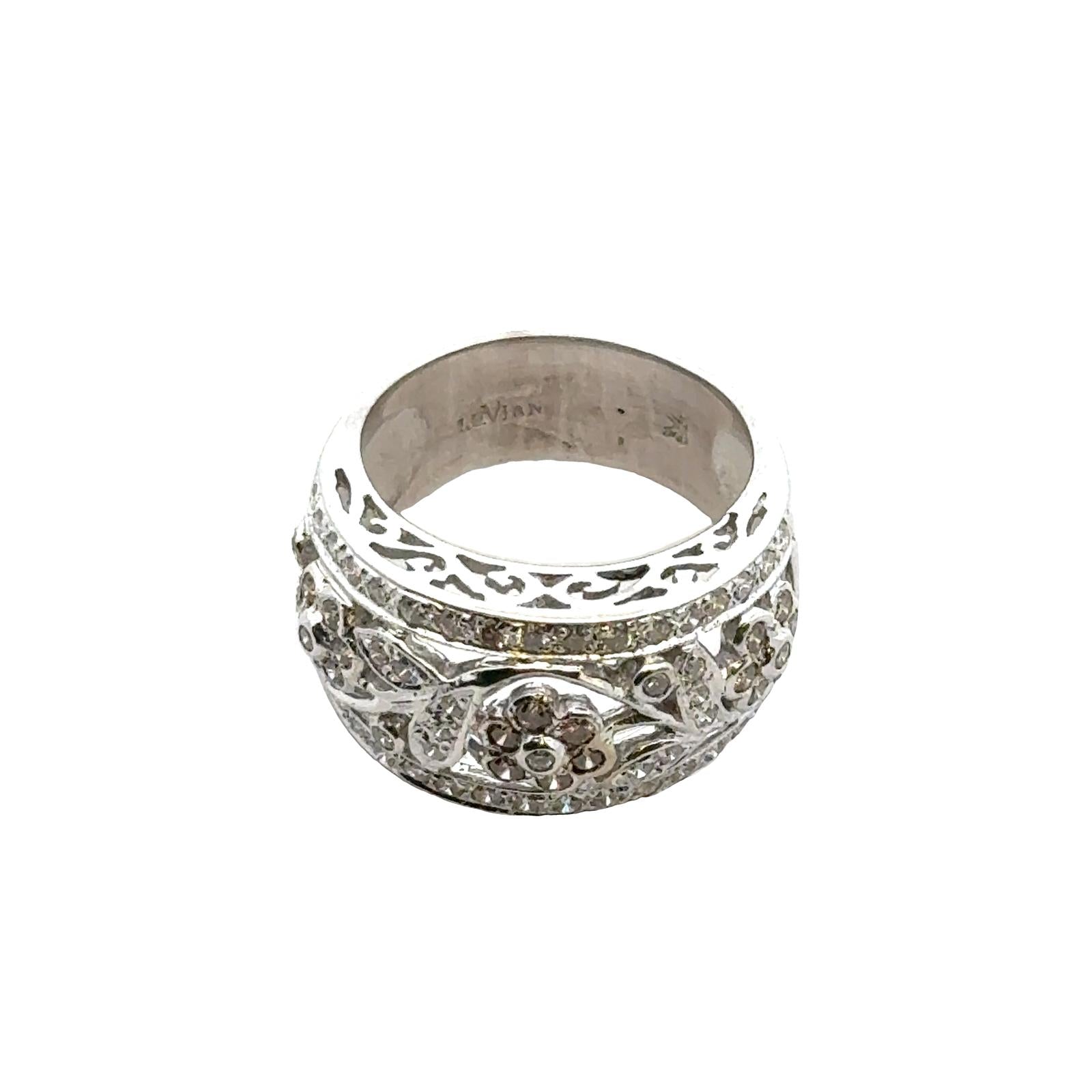 LeVian Diamond Floral Design 14 Karat White Gold Modern Band Ring